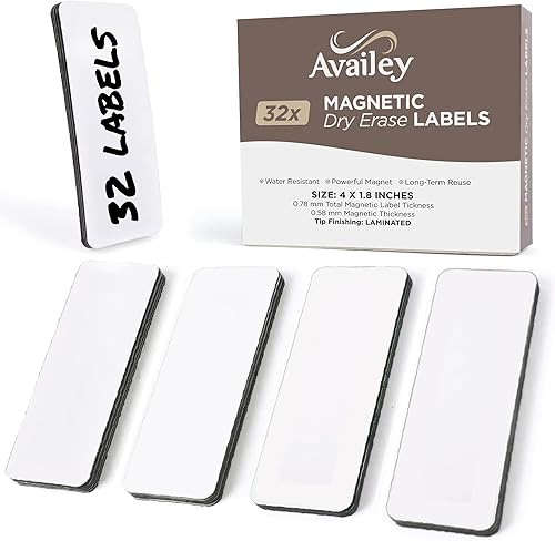 Availey - 32 etiquetas magnéticas de borrado en seco, tiras reutilizables para aula, hogar, oficina, garaje, refrigerador, tarjetas borrables en