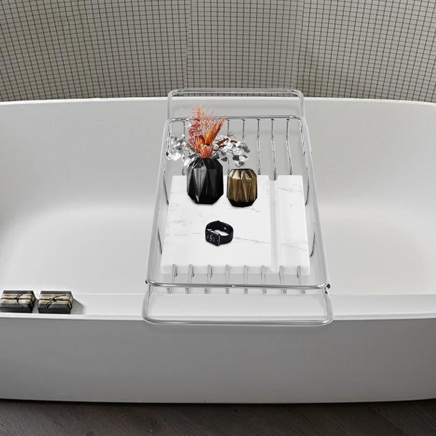 Bandeja de bañera de Acero Inoxidable y mármol | Bandeja de bañera extensible de acero inoxidable y mármol, capacidad de 20 kg (44 lbs), ideal para spa y baño.(Silver+white)