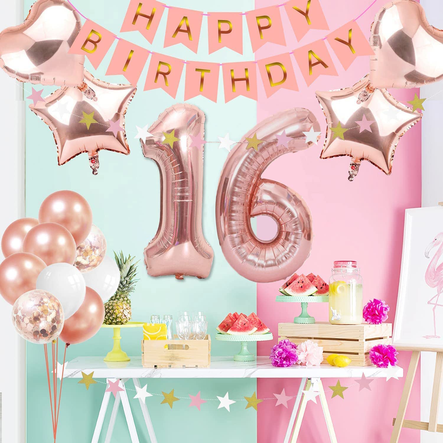 Deko-Set Zum 16. Geburtstag Für Mädchen – In Rotgold Mit Krone, Schärpe, Banner & Ballons