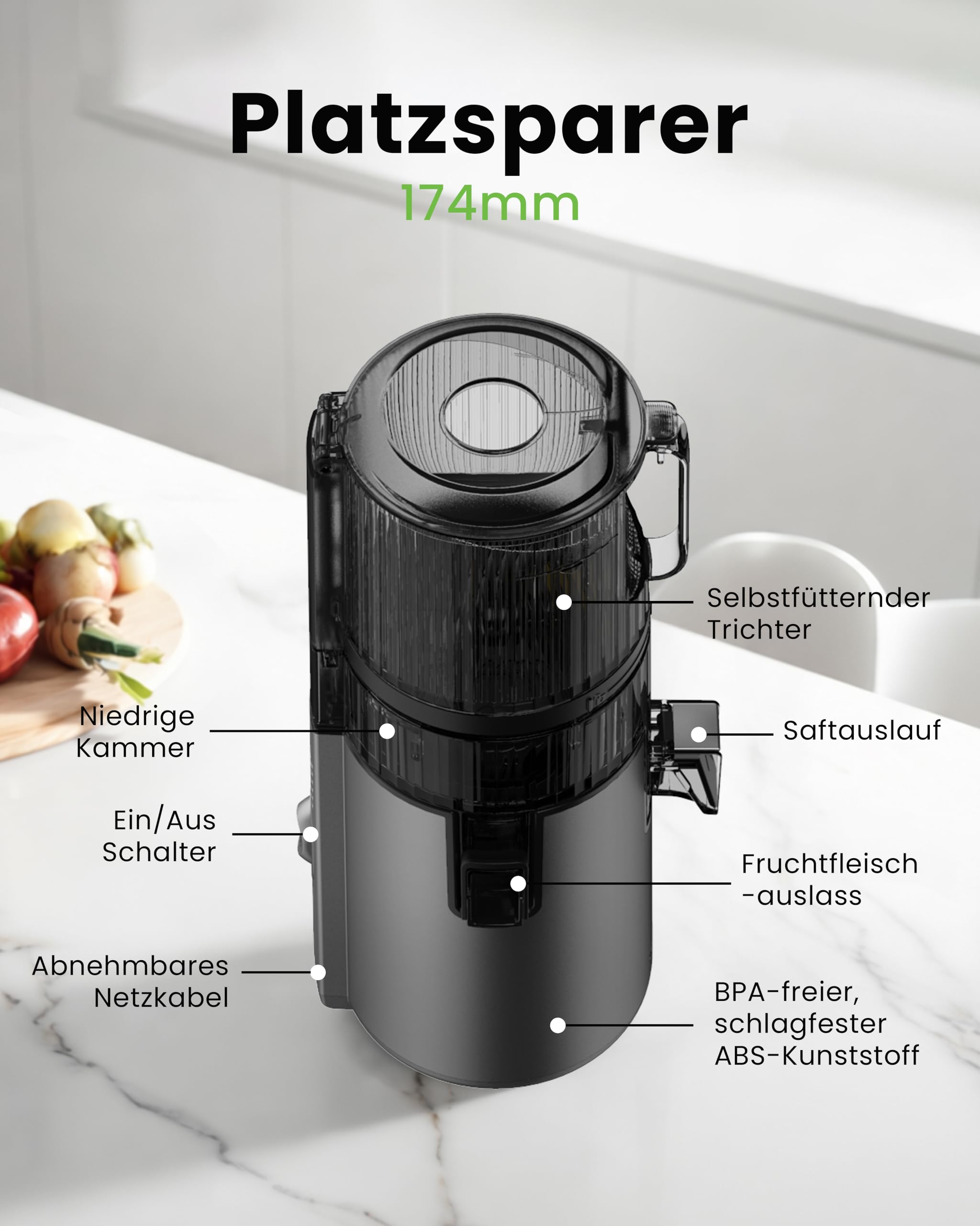 Hurom H70ST Neuer Slow Juicer | Elektrische Kaltpresse | Entsafter für Gemüse & Obst | 1.8L Kapazität | Automatische Entsaftungsfunktion | BPA-frei | 15 Jahre Garantie | 150W | Titangrau