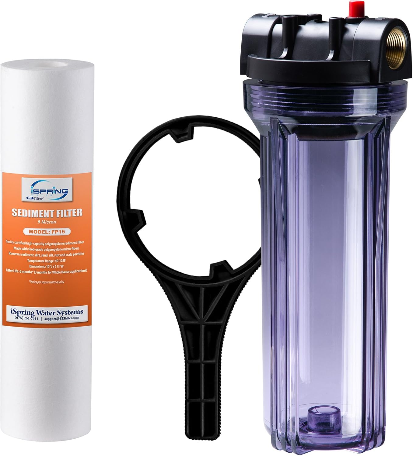 iSpring HC16 Whole House Transparent Water Filter Housing 10-Inch 3/4-Inch FNPT Inlet/Outlet with 1 x 5 Micron Sediment Filters
