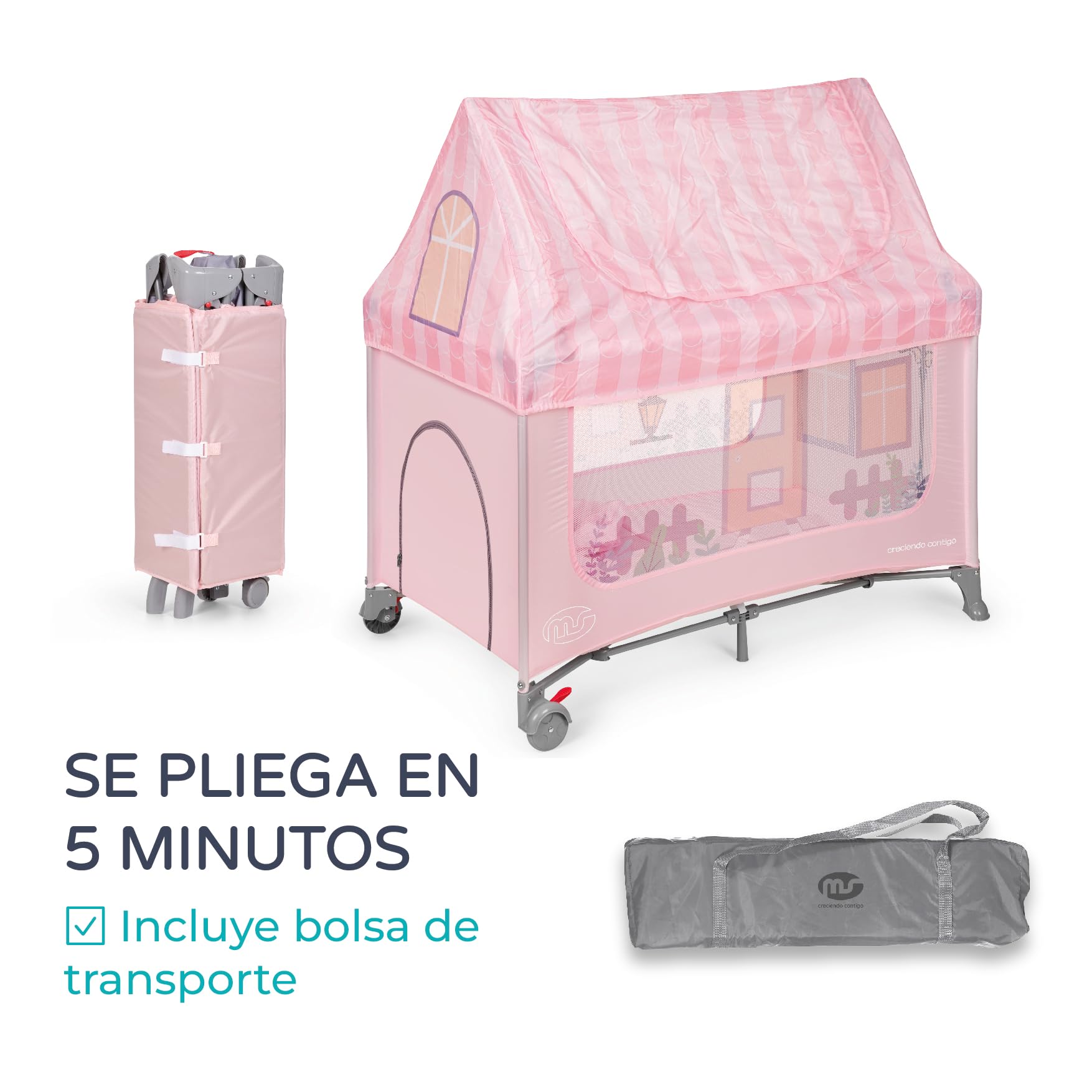 ms Home - Culla da viaggio simulazione casa per bebè 3 pezzi 120 x 60, incluso materasso e borsa per il trasporto, da 6 mesi a 15 kg, pieghevole e montaggio facile, struttura leggera e molto stabile