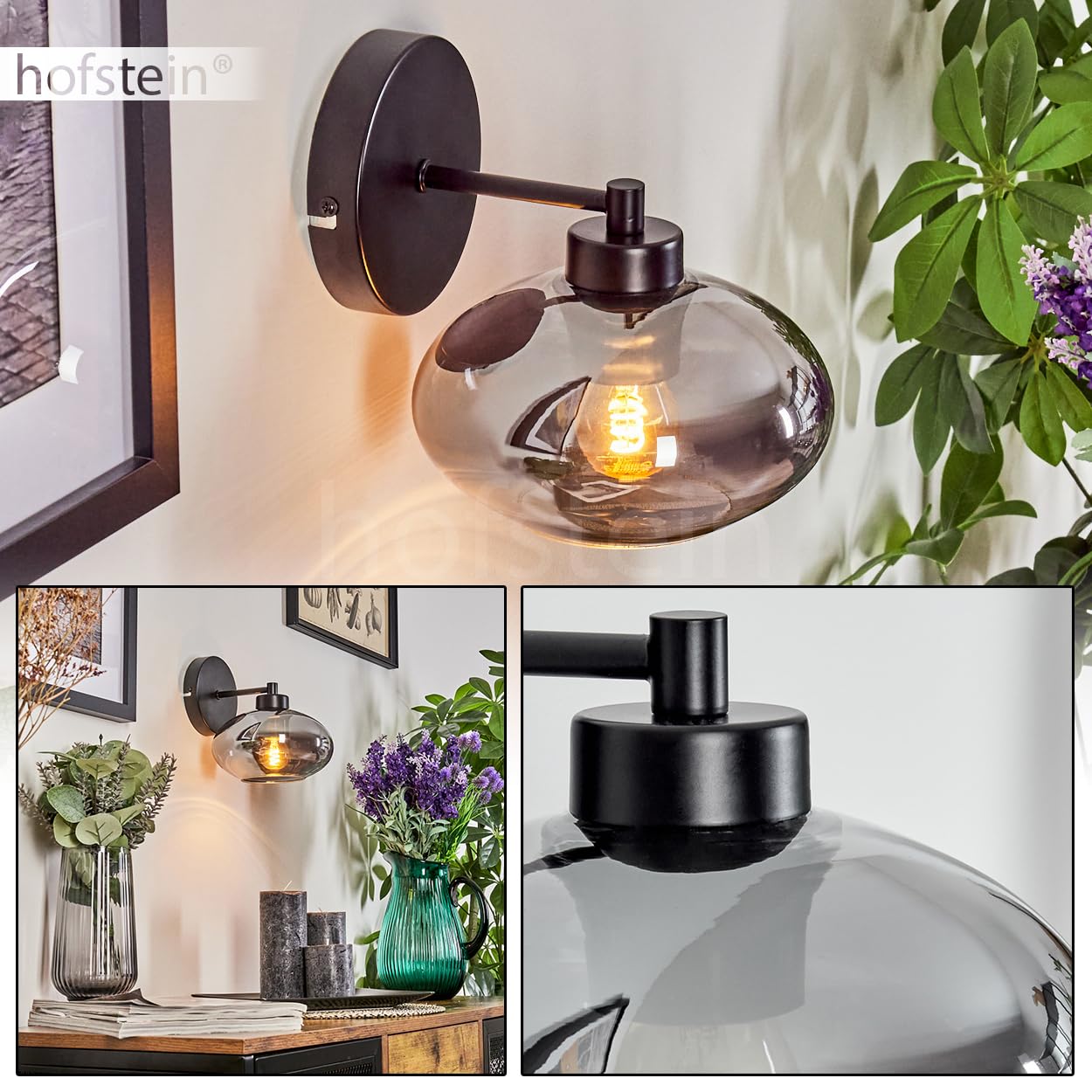 Wandleuchte Haikala, moderne Wandlampe aus Metall/Glas in Schwarz/Rauchfarben, Retro/Vintage Leuchte Up mit Schirm aus Rauchglas (Ø 18,5 cm), 1-flammig, 1 x E27, ohne Leuchtmittel