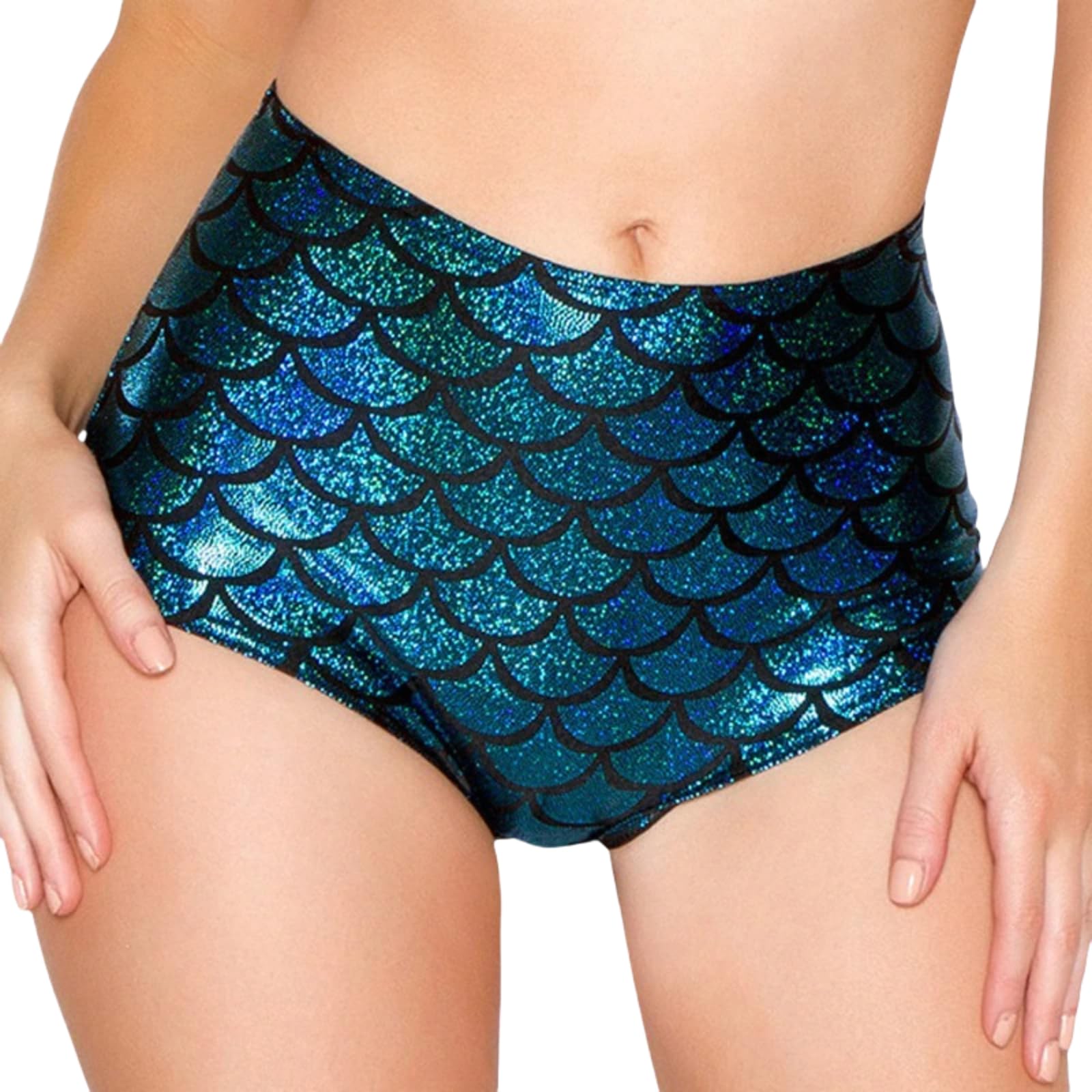 Hybursky Women's Fish Scale Hot Pants Shiny Metallic Booty Shorts High Waist Summer Skinny Shorts for Dancewear Nightclub Rave Party Performance Costume, Blue