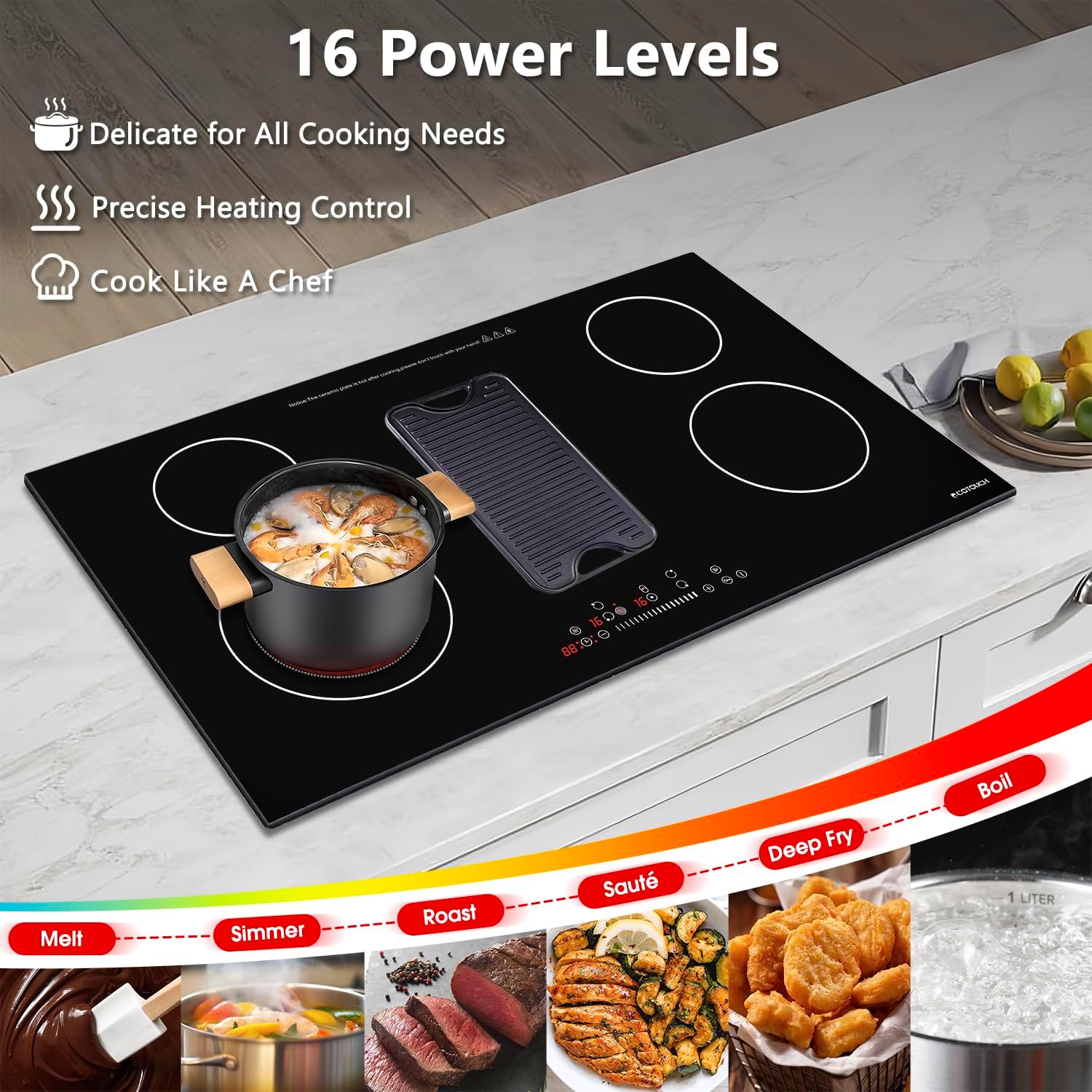 Image showing the cooktop with various cooking methods like melt, simmer, roast, sauté, deep fry, and boil, illustrating the 16 power levels.