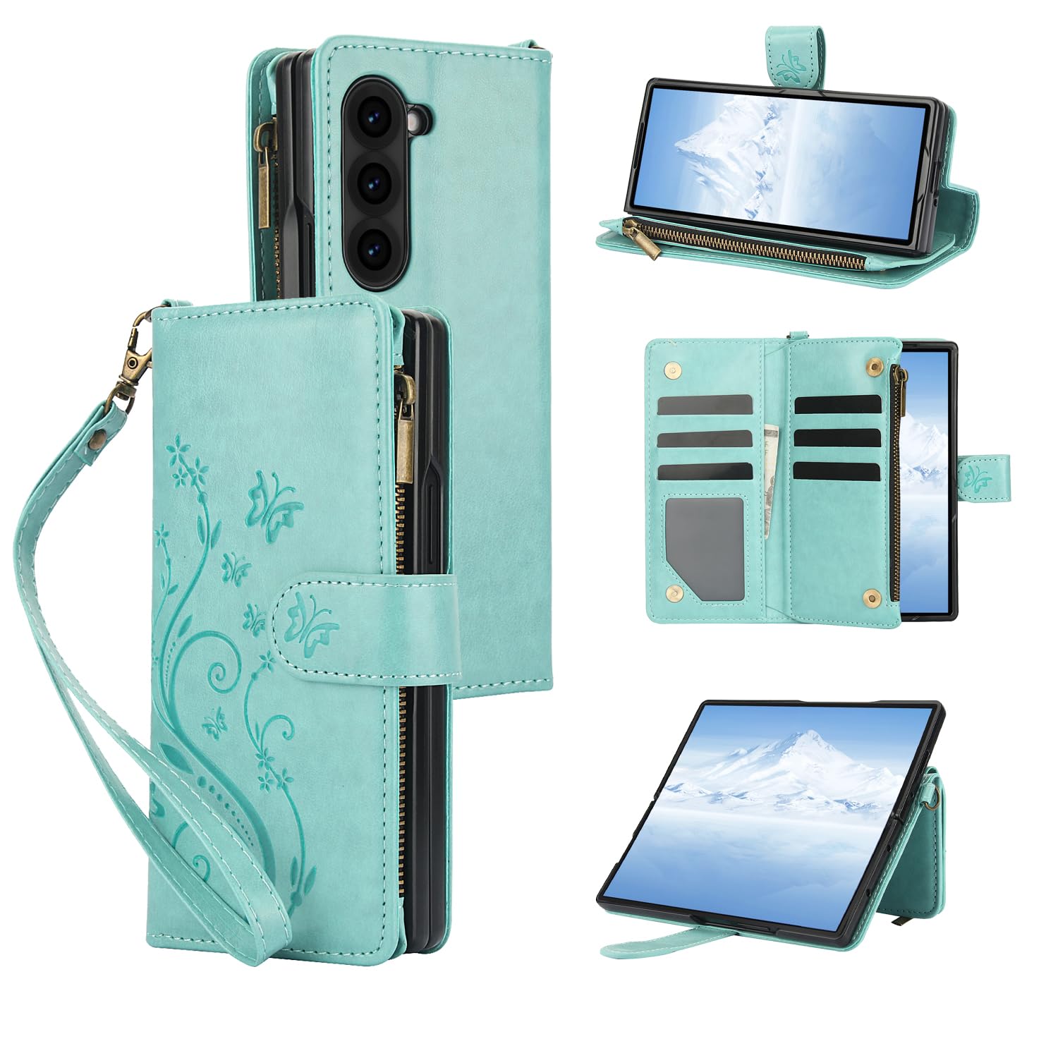 Asuwish Phone Case for Samsung Galaxy Z Fold 5 5G 2023 Wallet Cell Cover with Wrist Lanyard Strap Flower Leather Flip Zipper Credit Card Holder Slot