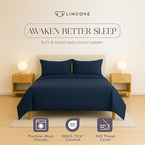 Miniatura 5 de Lincove Juego de sábanas de 4 piezas 100% satén de algodón de 400 hilos, sábanas de lujo ultrasuaves con bolsillos profundos de 15 pulgadas, incluye
