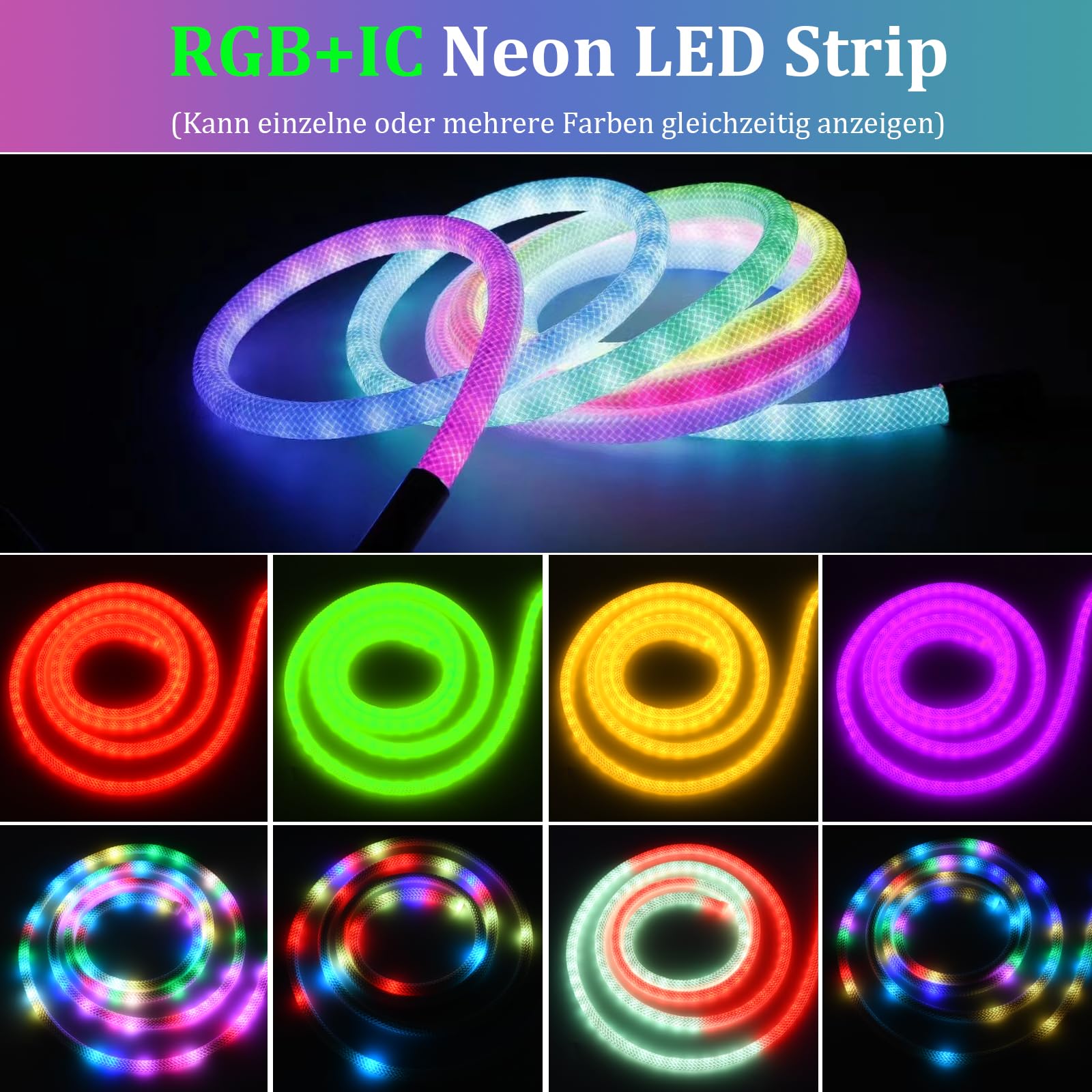 Tira LED de neón USB RGB+IC, 5 m, Bluetooth Neon LED Strip RGBIC regulable banda LED exterior IP65 resistente al agua, 50 LED/M, control por aplicación, iluminación de 360°, tira LED para exterior e