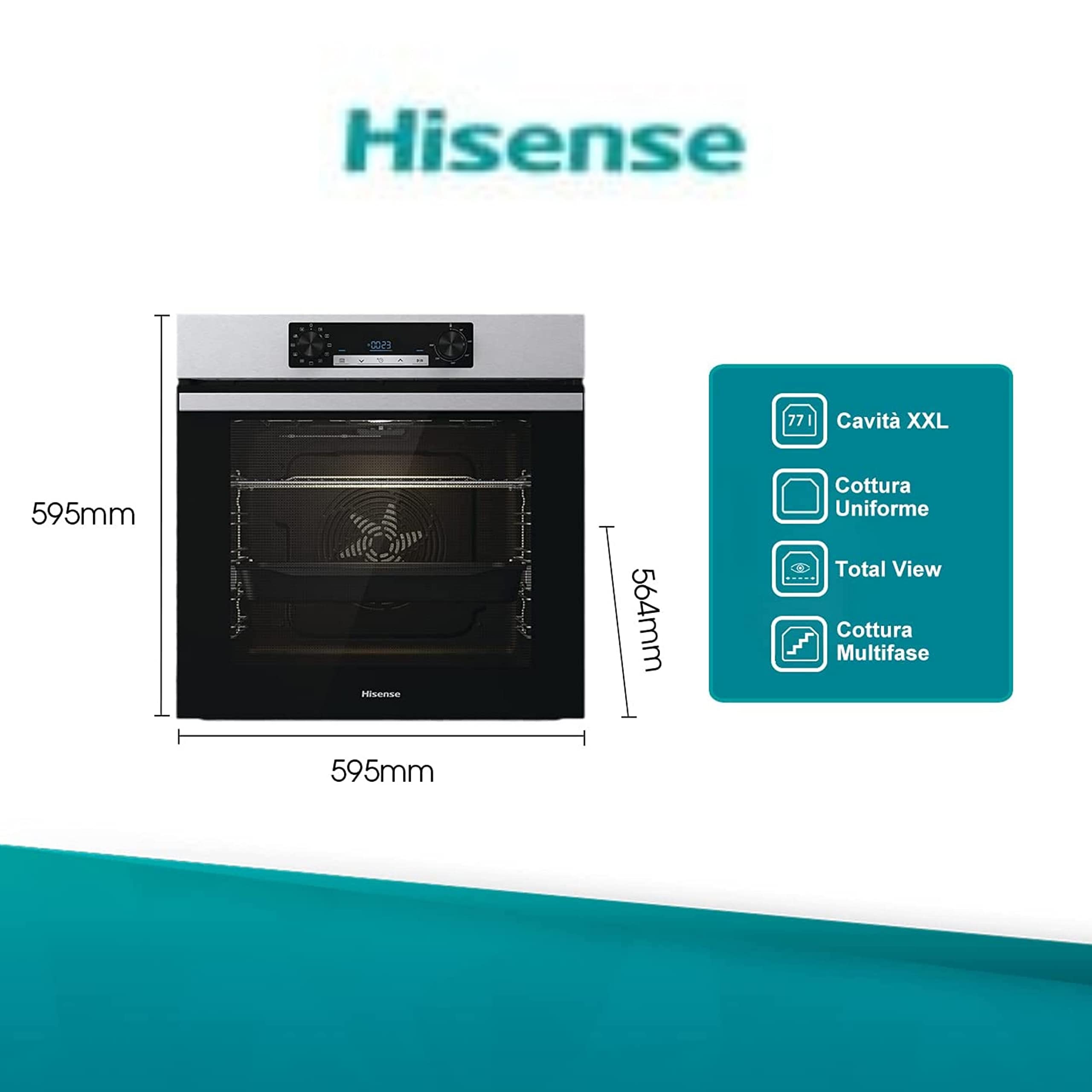 Hisense BI62216AX Four multifonction ventilé, cavité XXL 77L, nettoyage eau Clean, 13 fonctions de cuisson, fonction pizza 300 °C, cuisson AirFry, écran LED, commande tactile, préchauffage rapide