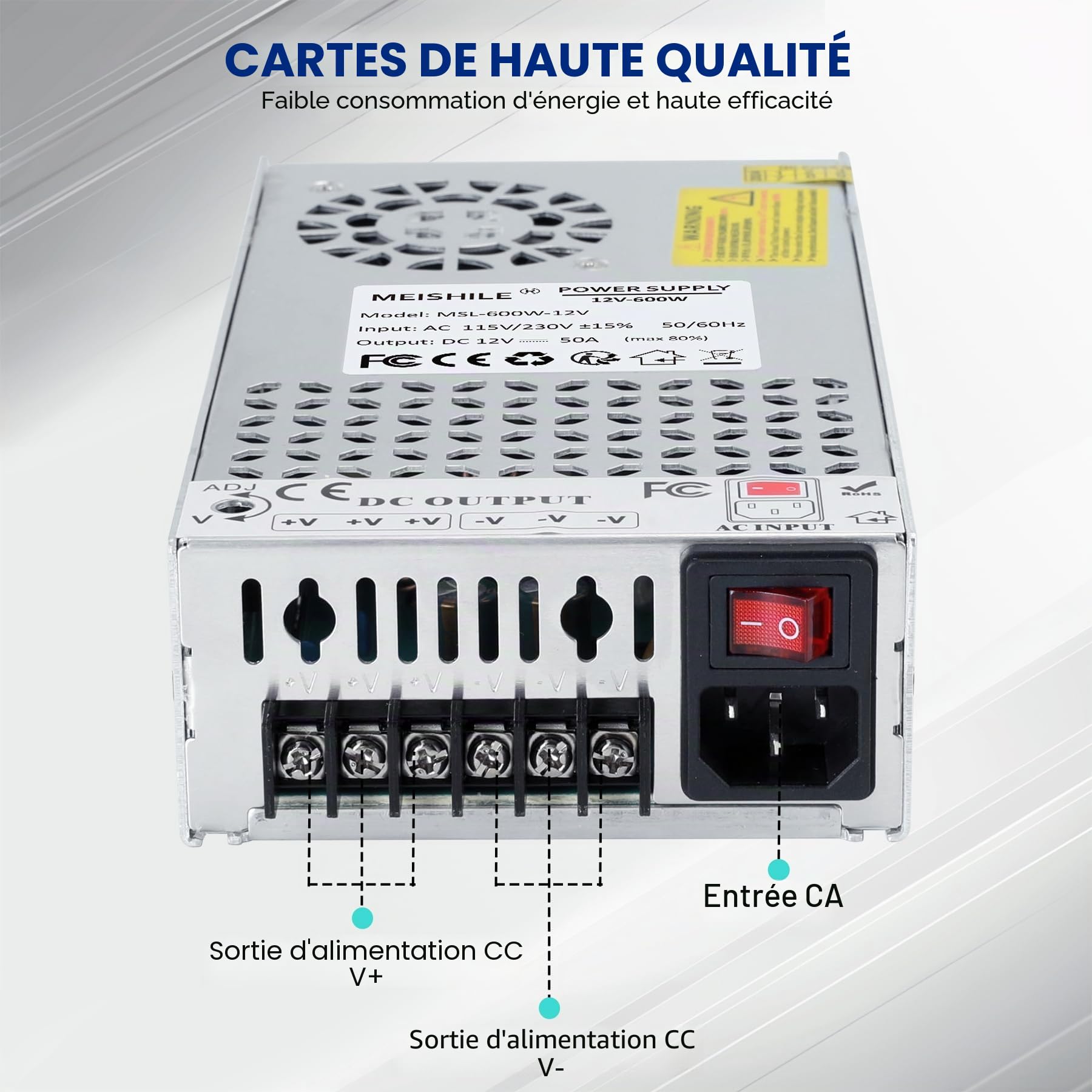 Alimentation à découpage MEISHILE 12V 50A 600W CA à CC Universelle 230V 220V pour Bande LED