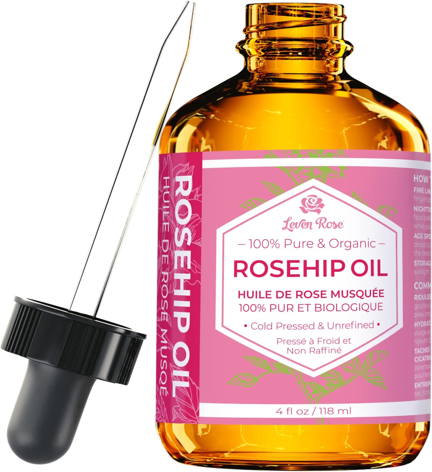Leven Rose Pure Rosehip Oil for Face Organic Cold Pressed 4 oz - Rose Hip Seed Oil, Unrefined for Nighttime Face Moisturizer for Hair, Skin & Nails