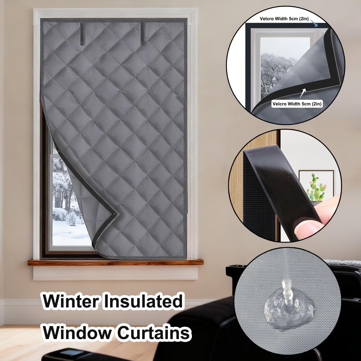 Wärmeschutzvorhang Fenster Thermovorhang für Winter, 70 85 100 110 130 140 160 cm Wiederverwendbar Isolier Schutz Vorhang, isolierter Fenstervorhang aus Oxford-Stoff und Baumwolle(Grau,60x90cm)