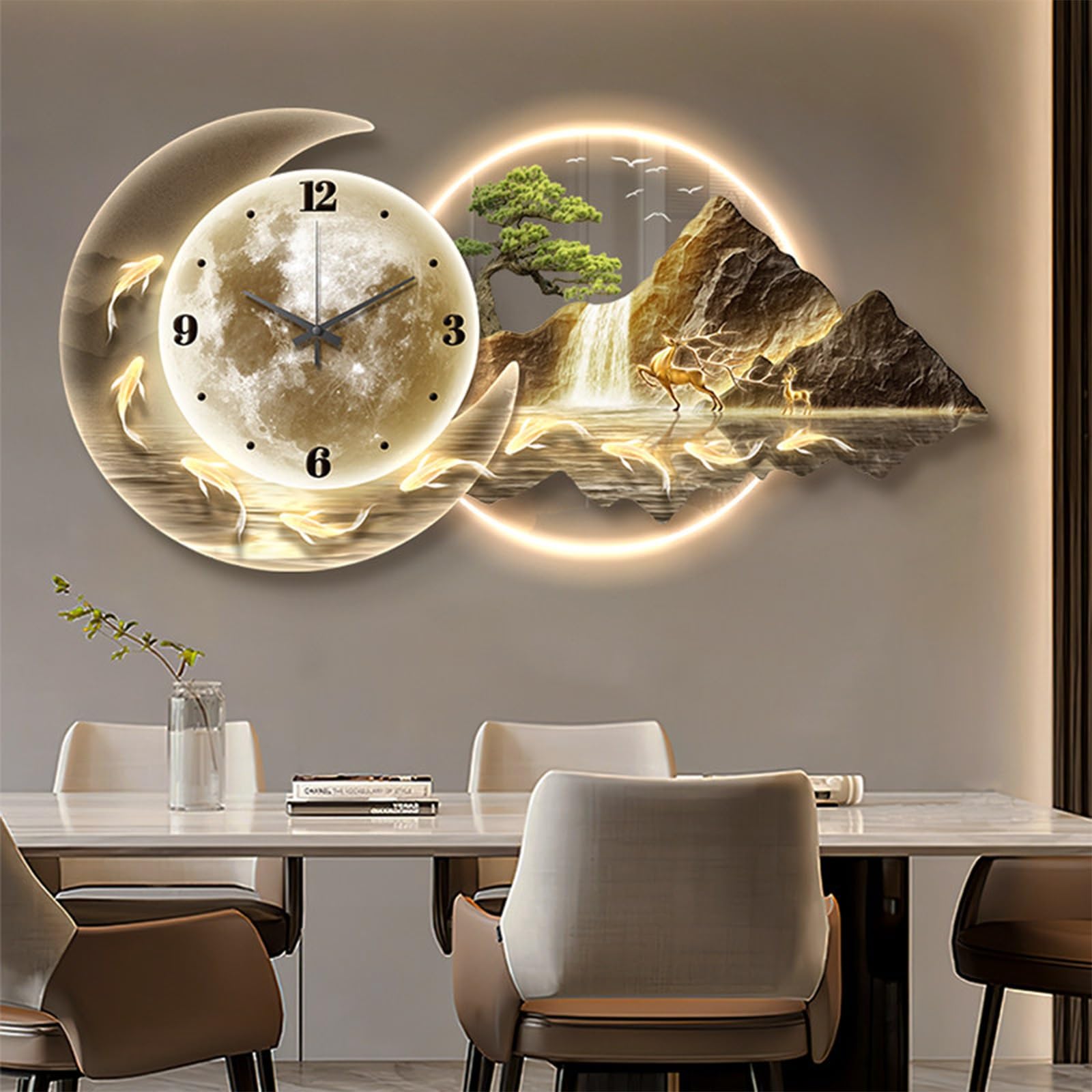 MESCXTY 3D Wall Art Decor Clock for Living Room Large Sculptures with LED Light,Creative Silent Clocks,for Office, Home, Bathroom(Gold B,39.3 * 19.7in)