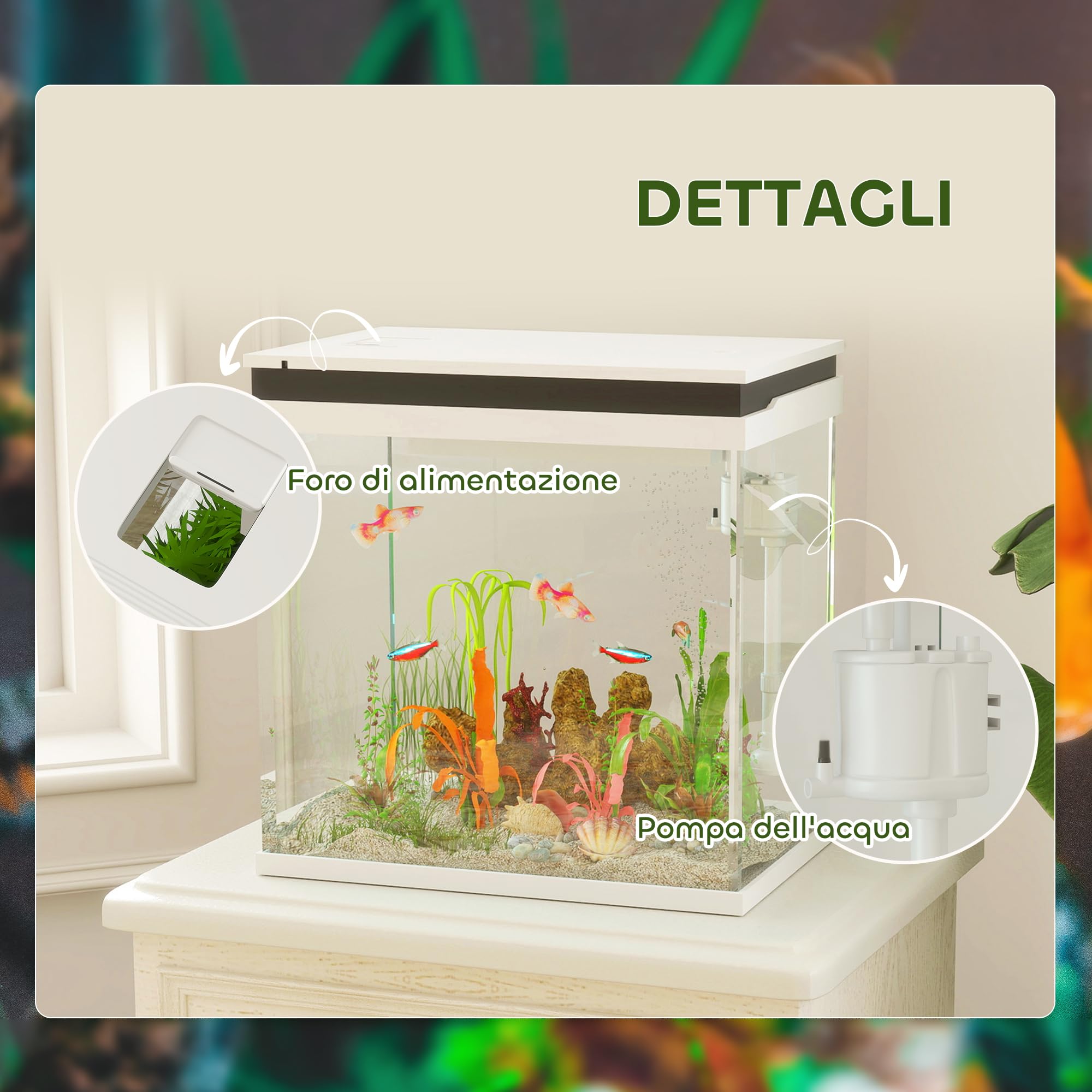 PawHut 26L Acquario in Vetro per Pesci Rossi con Pompa d'Acqua e Filtro, Acquario Completo con Illuminazione LED, Vaschetta per Pesci Acqua Tropicali, 38x26x38cm, Bianco