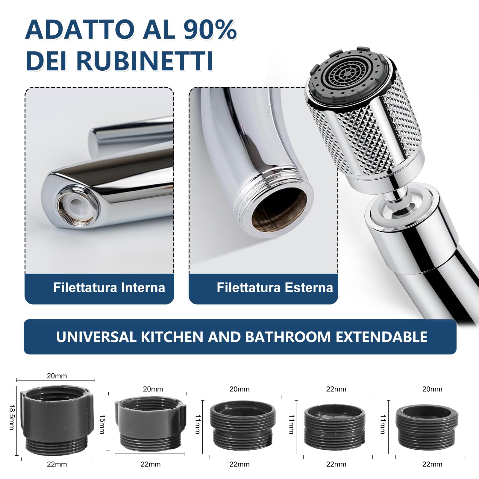 Prolunga per rubinetto con testa doccia girevole regolabile