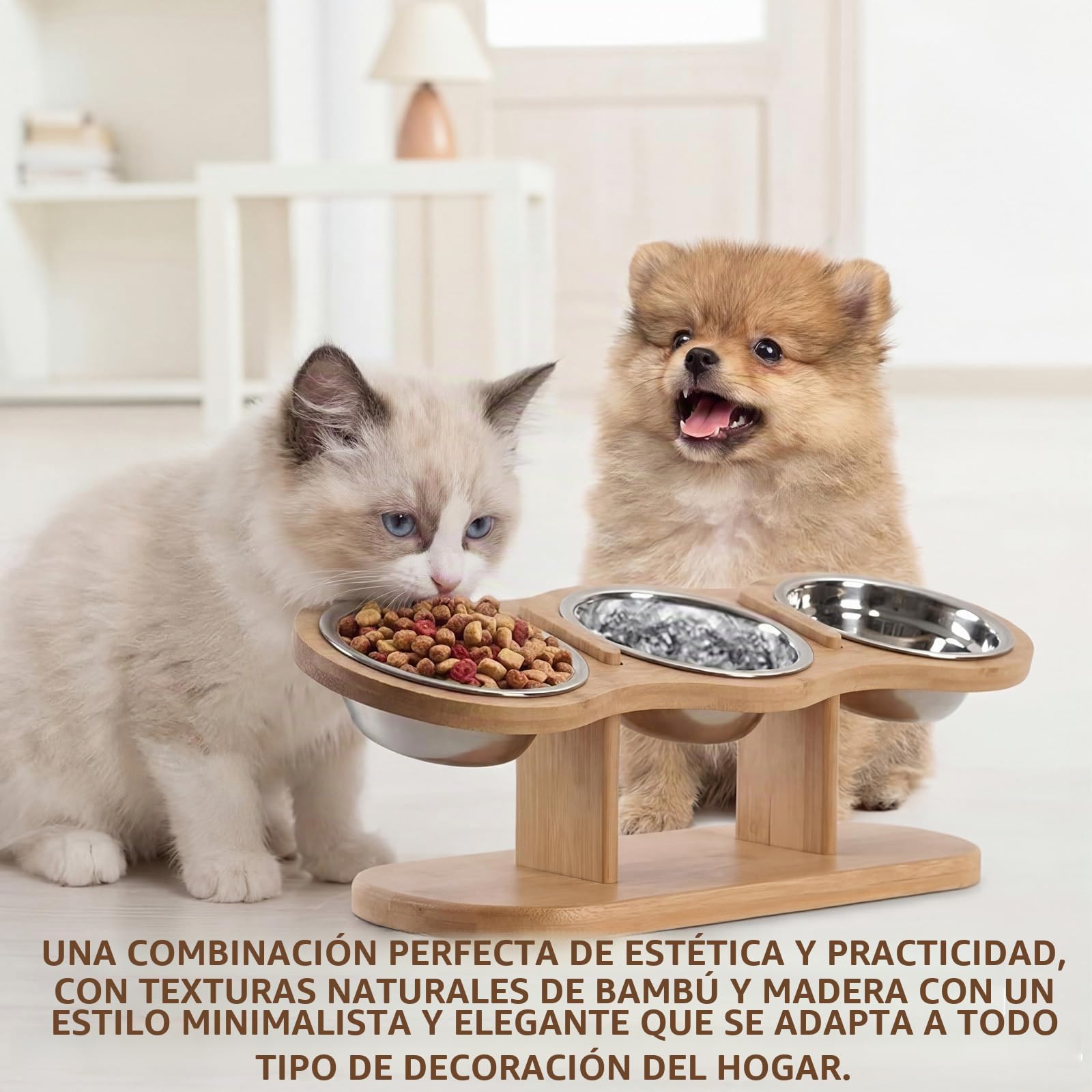 Comedero Gato Elevado Inclinación de 15°Cat Bowl Comederos Altos para Gatos con 3 Cuencos de Acero Inoxidable para Gatos y Perros Pequeños