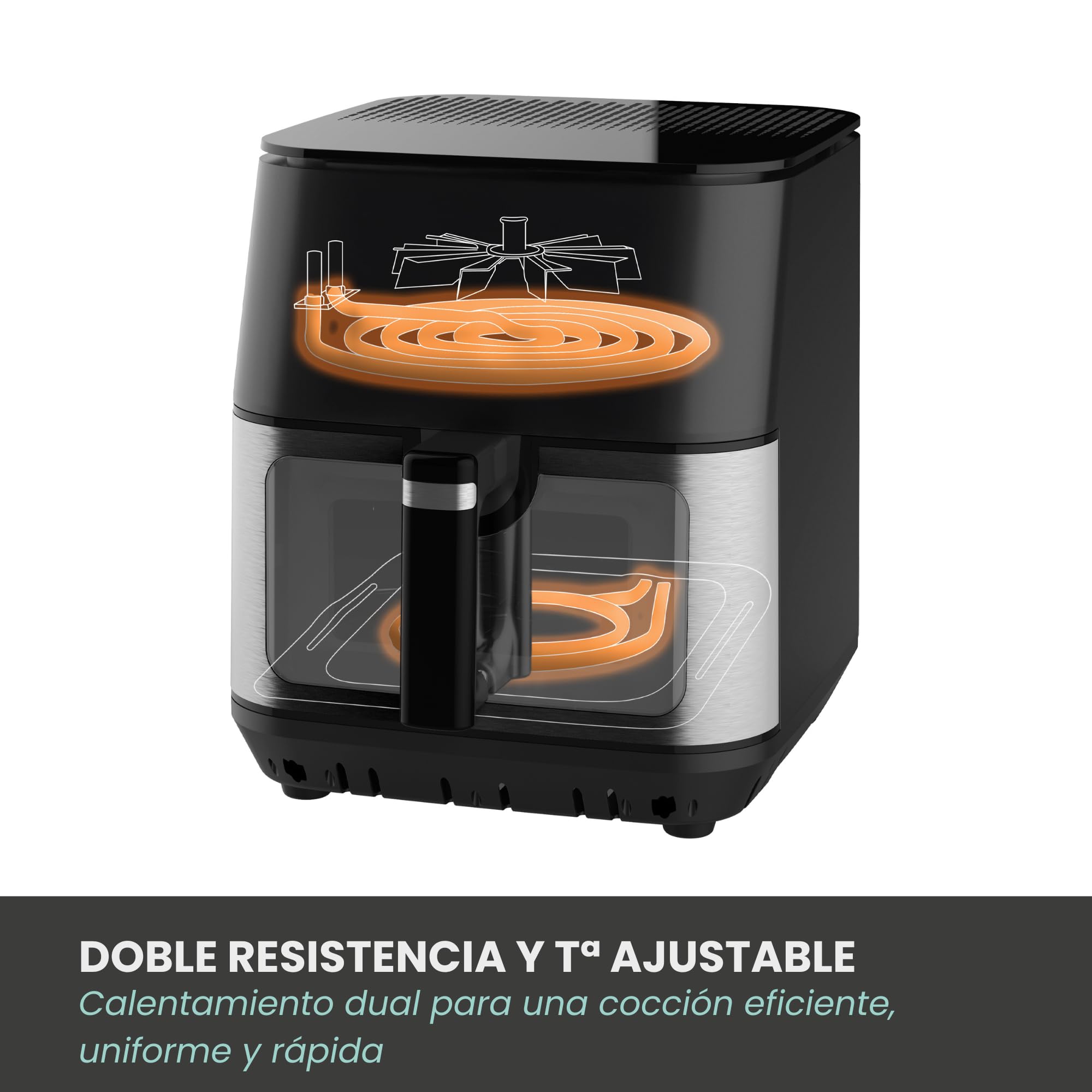 Jocca - Freidora de Aire Jocca 9L con Doble Resistencia, 8 Programas, 200°C, 2000W, Cesta Antiadherente Extraíble, Ventana Visible, Panel Táctil