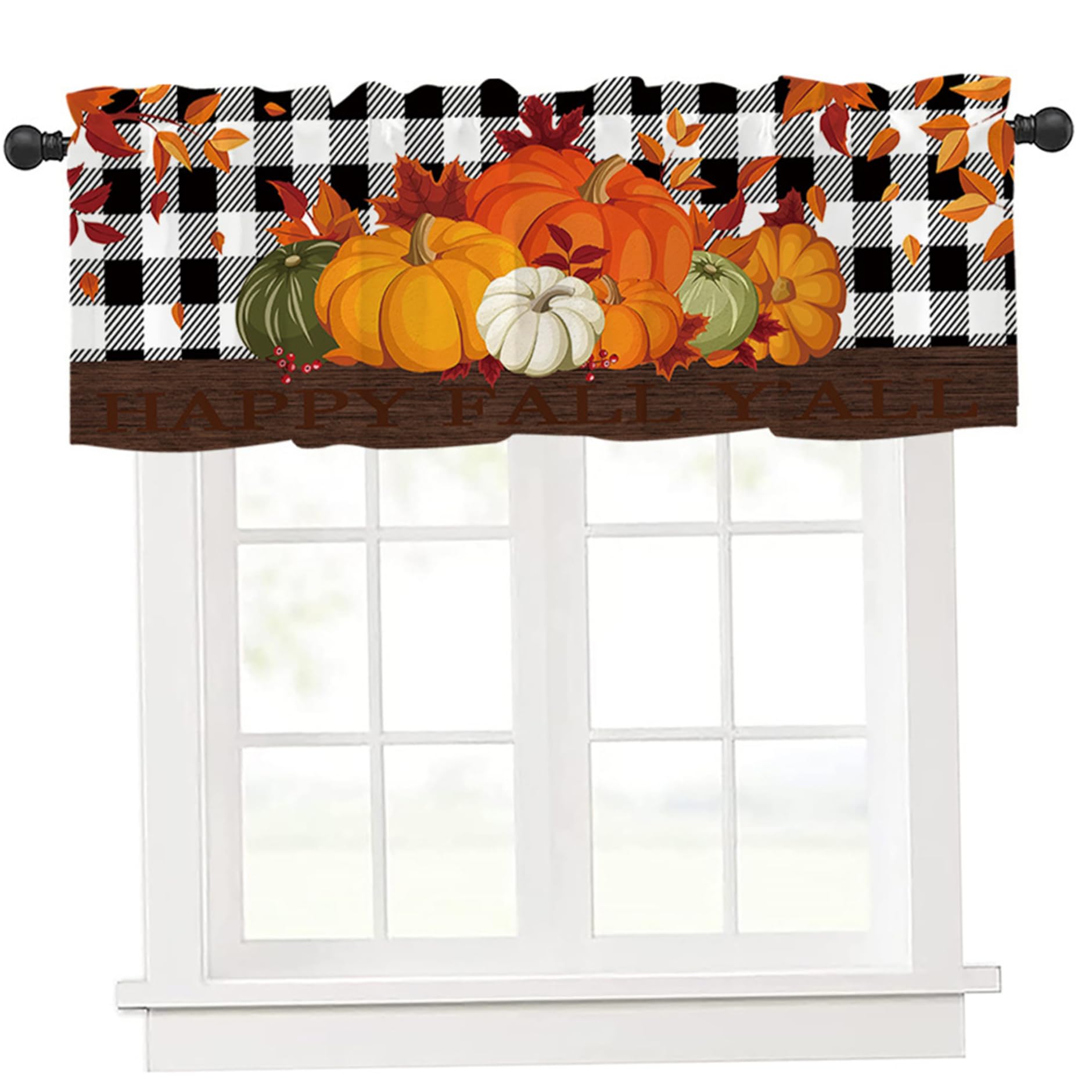 Yvocuyn Fall Kitchen Curtains, Pumpkin Buffalo Plaid Valance, Rod Pocket Curtains for Thanksgiving Autumn Decor 54x18 Inch