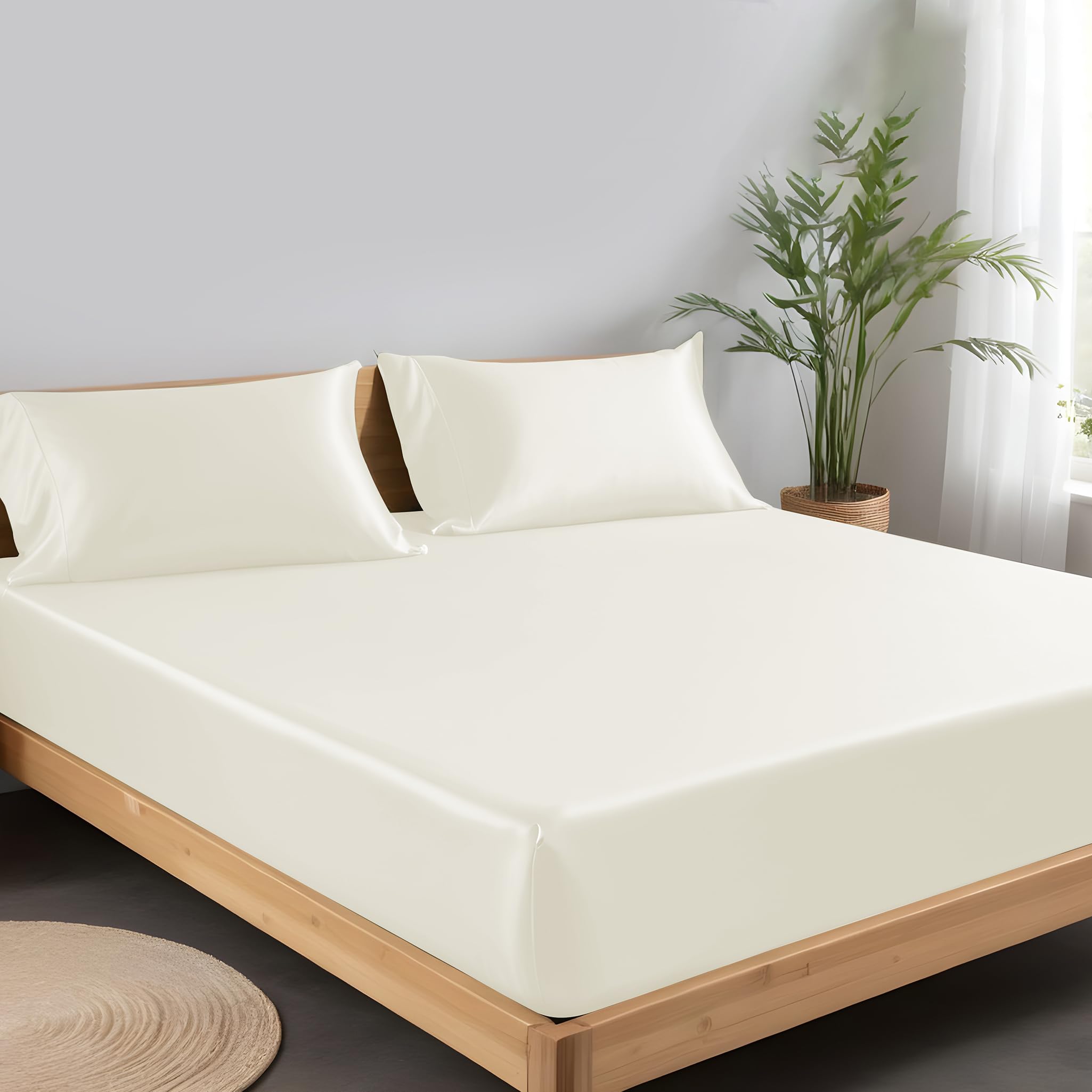LINENWALAS 100% Vegan Bamboo Silk Solid Fitted Bedsheet With Secure Elastic Deep Pocket With Pillowcase Natural Soft And Best For Hair And Delicate Skin -Queen(60 X 78 Inches)-Ivory, 300 TC (B09BVTTPGG) Amazon Price History, Amazon Price Tracker
