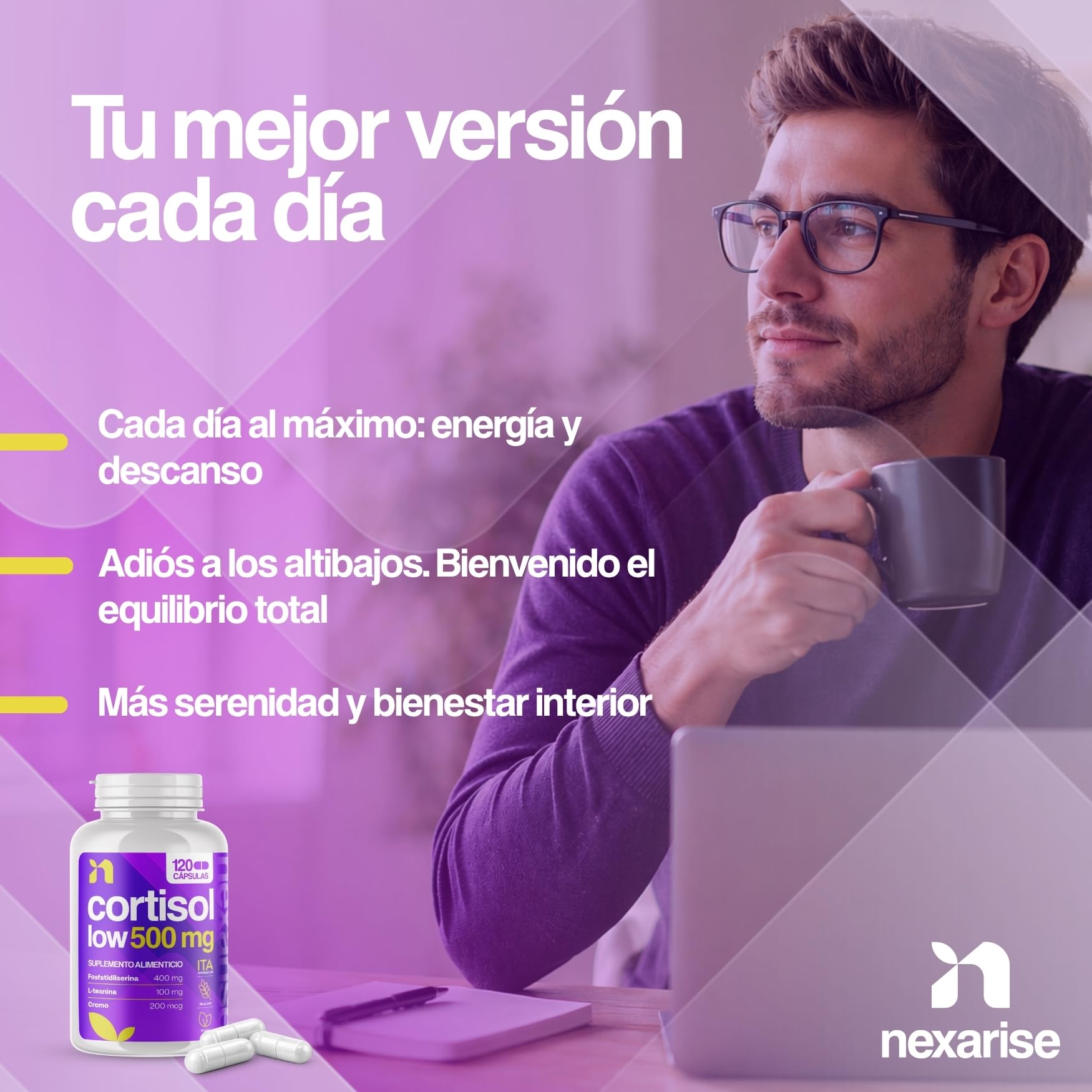 Cortisol Low 500mg | 120 Cápsulas con Fosfatidilserina 400mg, L-Teanina 100mg y Cromo Picolinato | Complemento para el Cortisol y Bienestar Mental | 4 Meses | Fabricado en Italia