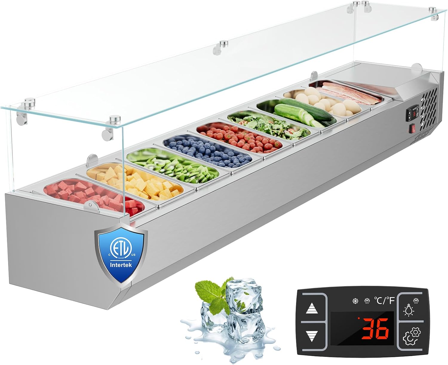 Refrigerated Condiment Prep Station, 71 Inch Salad Bar Buffet Station Prep 304 Stainless Body, Sandwich Prep Table with 9 1/4 Tempered Glass Shield Auto Defrost Refrigerated Condiment Prep Station, 71 Inch Salad Bar Buffet Station Prep 304 Stainless Body, Sandwich Prep Table with 9 1/4 Tempered Glass Shield Auto Defrost