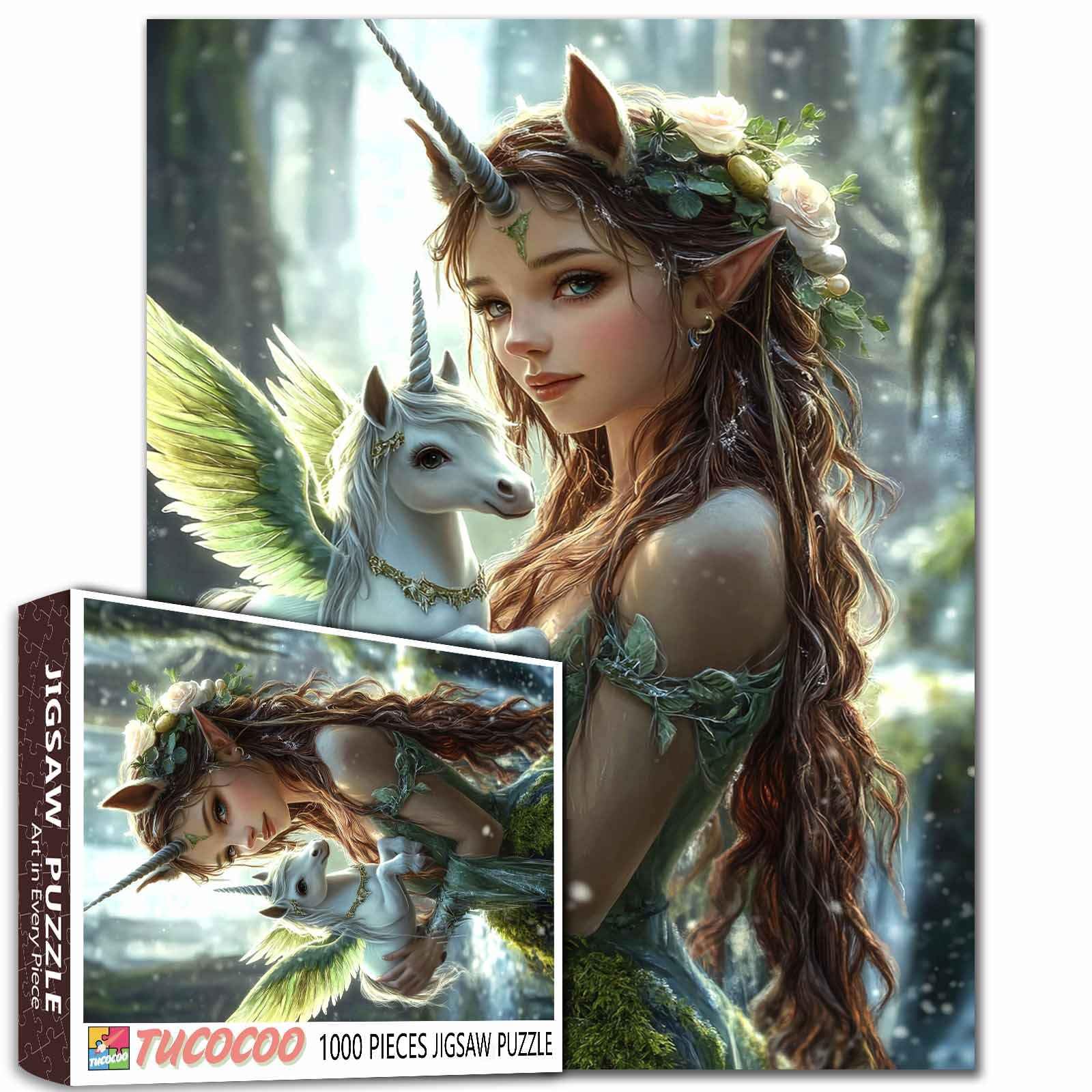 Unicorn Elf Puzzles for Adults 1000 Pieces Fairy Holding Unicorn DIY Handwork Puzzles Art Jigsaw Puzzles for Home Decoration Difficult and Challenge Large Puzzle Family Games Unique Gift
