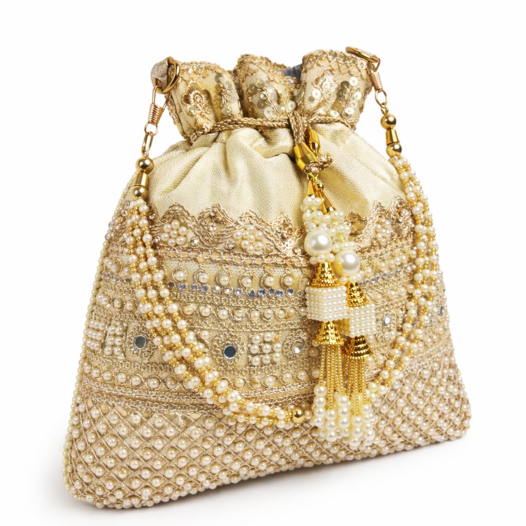 Light Golden Bridal Potlis Bag for Women with Pearl Work Ethnic Indian Batua Purse Silk Handbag Drawstring Tassel Small Wedding Clutch Potli-image-34