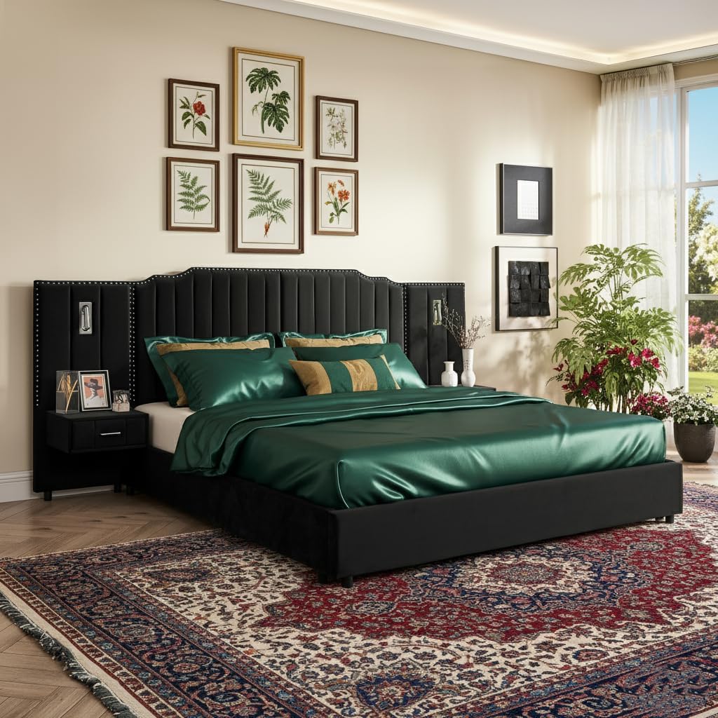 LUMISOL Luxury King Bed Frame with Bedside Table and Lamp, Velvet Fabric King Size Platform Bed with Nightstands, King Size Luxury Bed Frame with Oversized Upholstered Velvet Headboard, Black