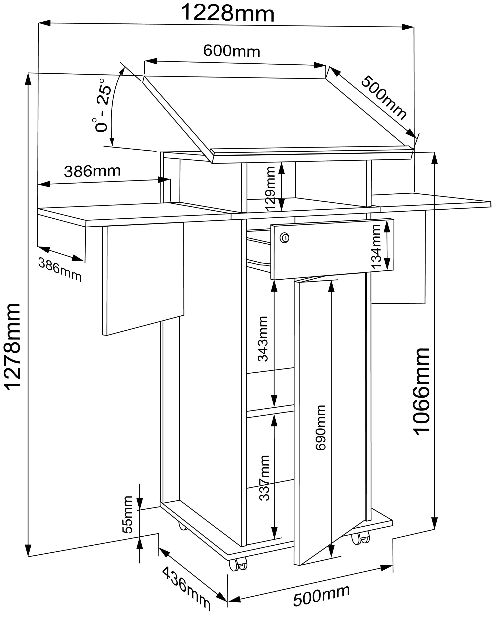 VCM Holz mobiles Rednerpult | Maße ca. H. 107 bis 128 cm x B. 60 bis 123 cm x T. 44 cm | rollbar mit Schublade | Stehpult | Stehtisch mit Tür - Salia