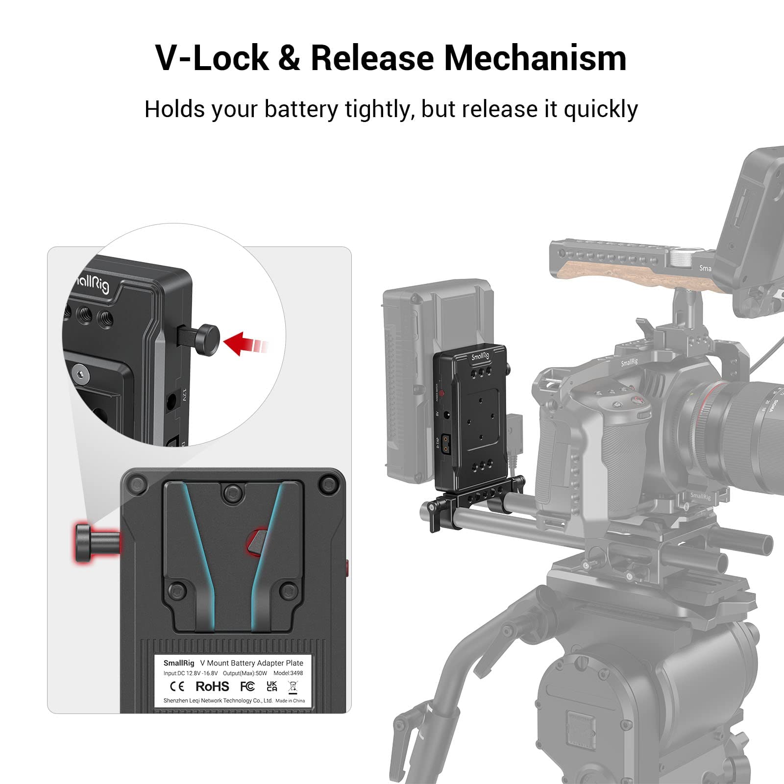 SMALLRIG Adaptador de Batería de V Mount con 15mm Rod Clamp, Puertos de Salida Duales de 14,8 V D-Tap y 8 V / 12 V CC - 3498
