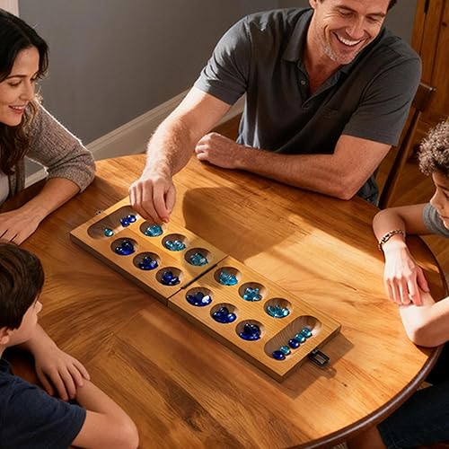 Miniatura 6 de BOPIPA Mancala - Juego de mesa  Diseño plegable de madera con pestillo de bloqueo, 56 piedras de cristal coloridas, juego de estrategia de mesa