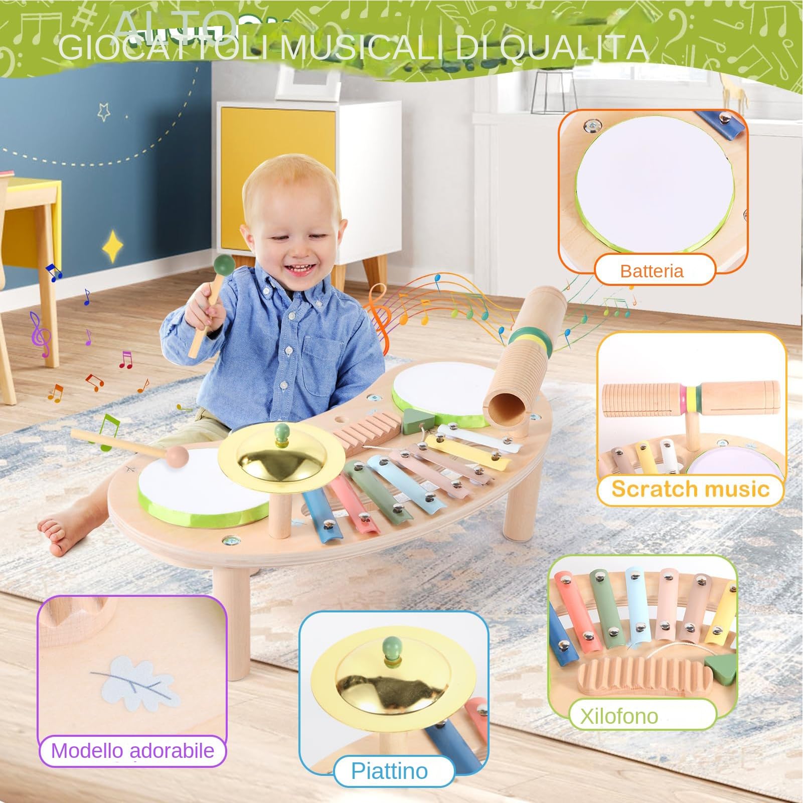 Set Batteria per Bambini in Legno per Bambini | Giocattolo Strumento Musicale a Percussione per Ragazzi, Scuola Materna, Asilo, Scuola, Casa, Sala Giochi, Giochi con ,