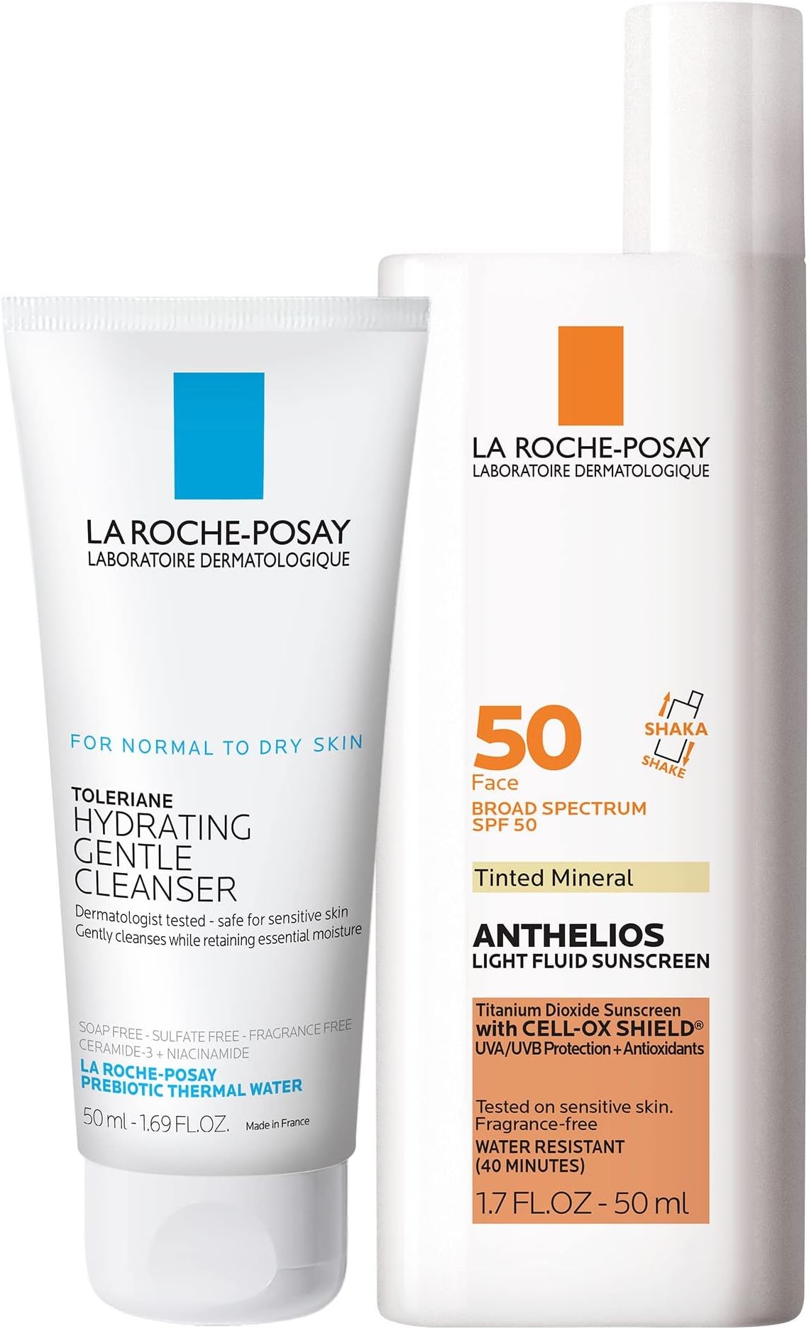 La Roche-Posay Skin Care Set Anthelios Tinted Sunscreen SPF 50 & Travel Size Toleriane Hydrating Gentle Cleanser, Tinted Mineral Sunscreen with Titanium Dioxide & Gentle Face Wash, Gift Set