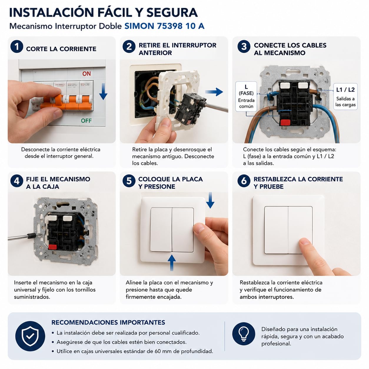 CABLEPELADO Grupo de 2 interruptores | Mecanismo Doble Interruptor | 10 AX 250V | con sistema de emborronamiento rápido | Apto para series Simon 75, 82 y 88