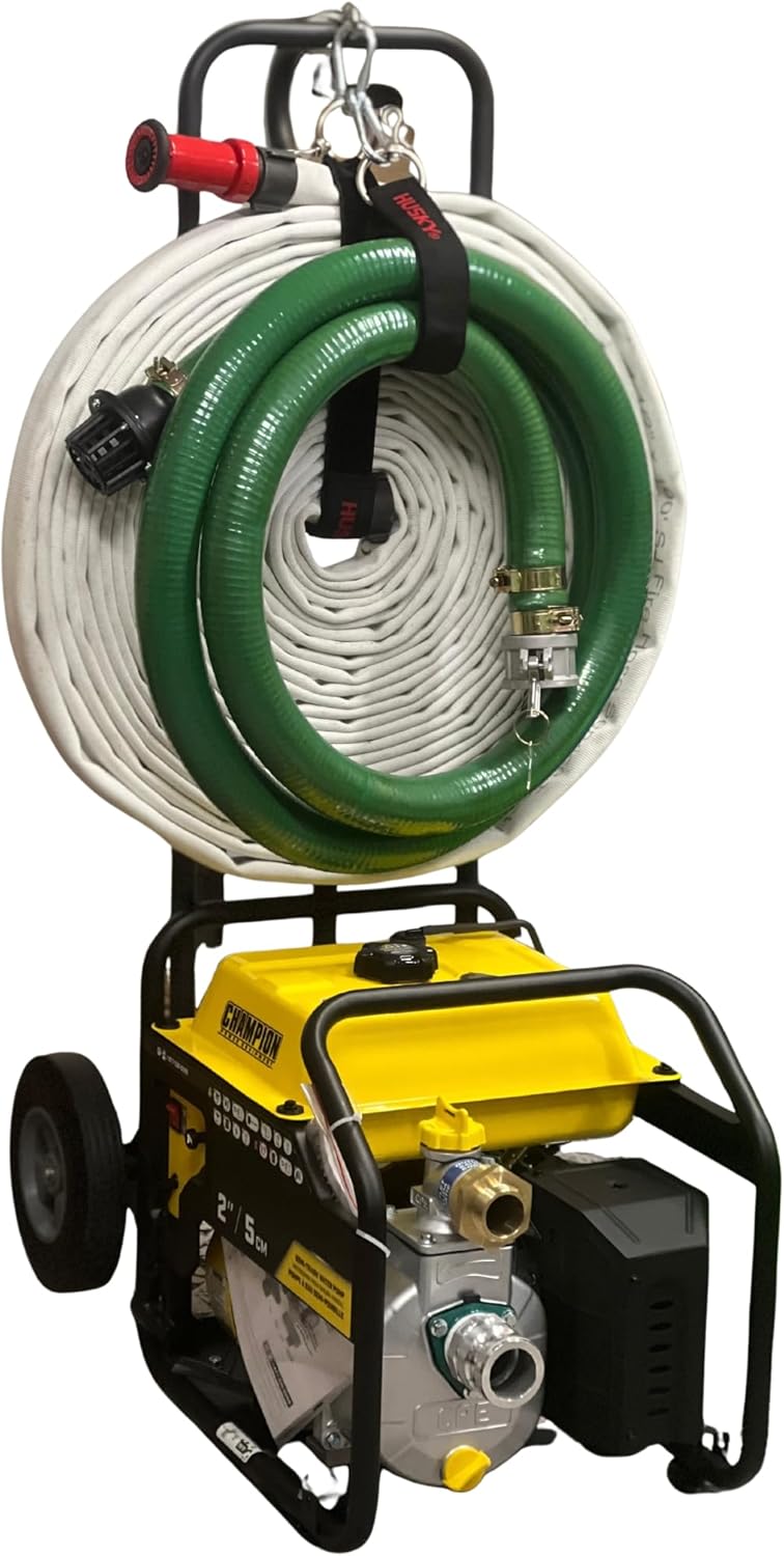Home Wildfire Defense Swimming Pool Fire Pump Standup Cart Package with Built-In Fire Hose and Suction Hose Holder System