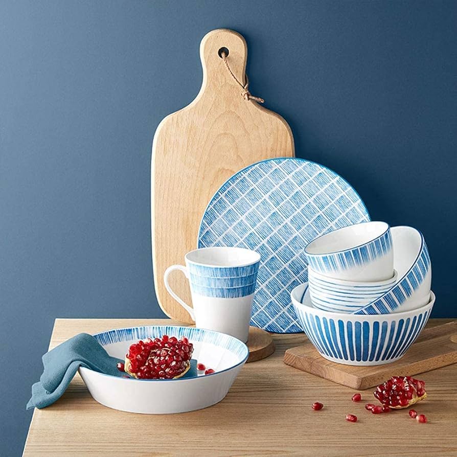 ブルーディナーボウル Amazon.co.jp: セラミックディナーセット 青と白の磁器食器26点