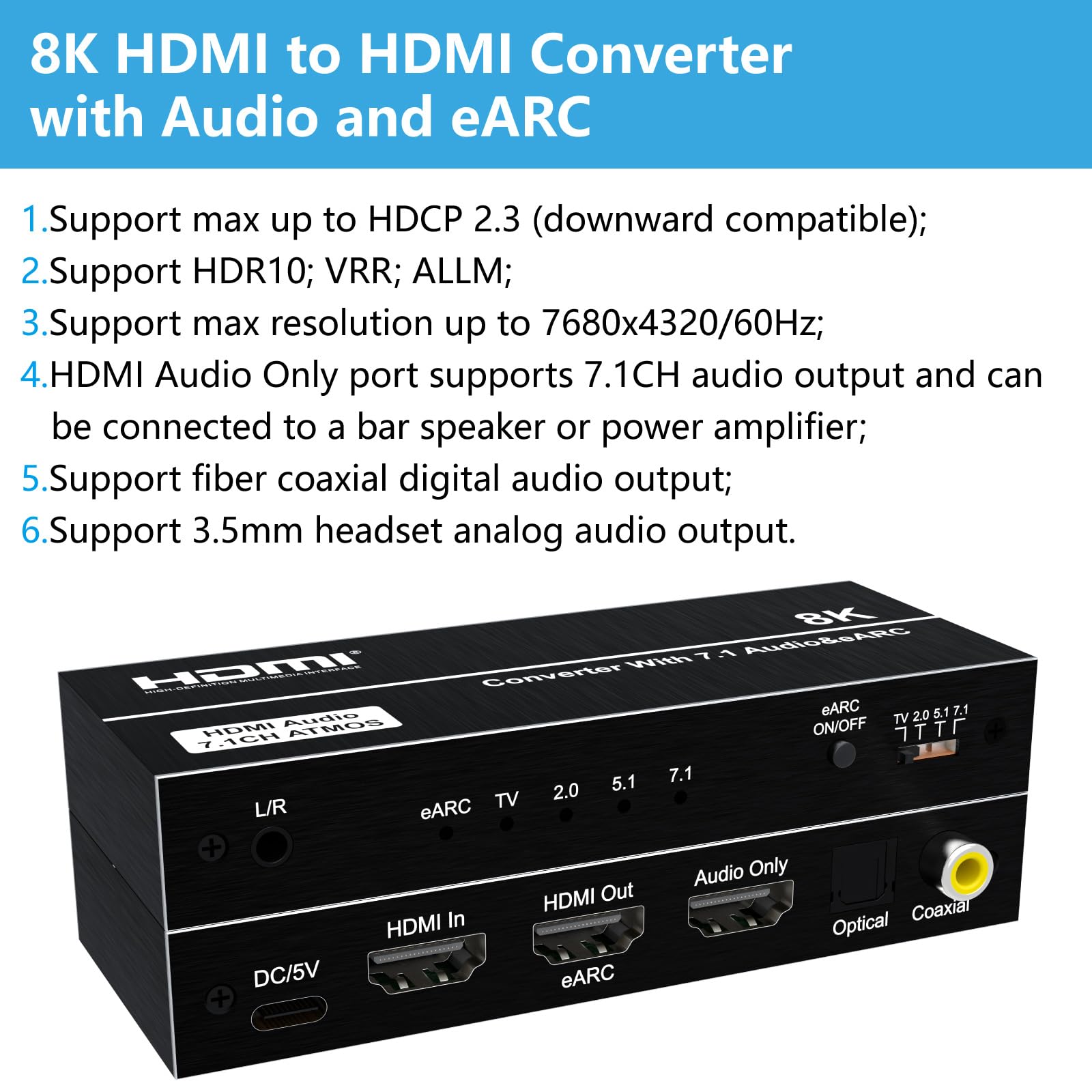 Estrattore audio HDMI 8K con eARC, 4K@120Hz 144Hz, 40Gbps HDMI 2.1, Dolby Atmos/DTS:X, ottico/coassiale/uscita audio da 3,5 mm per PS5, Xbox Series X/S, PC, home theater