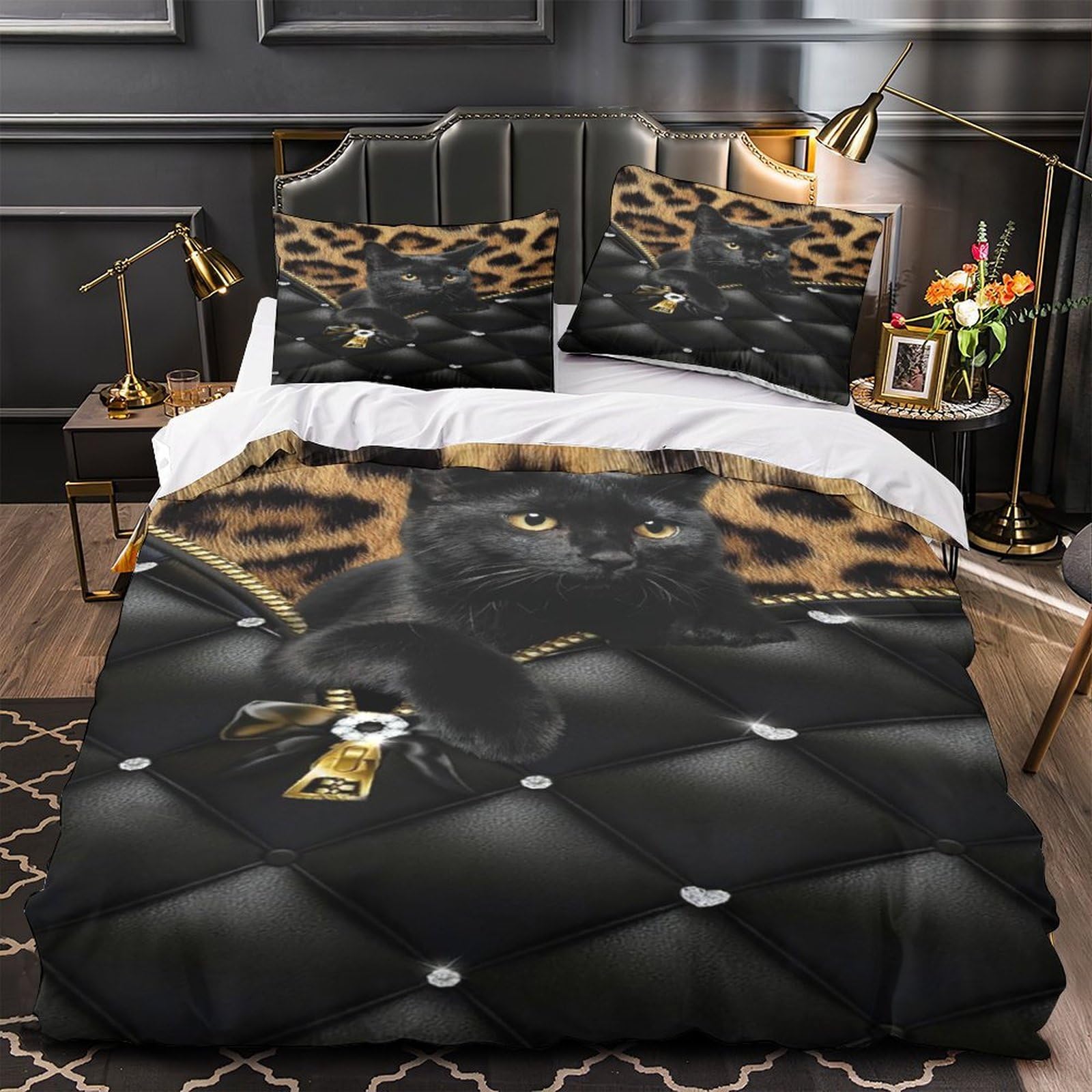 Parure de Lit Chat Noir 3D sans repassage en microfibre anti-transpiration avec 2 taies