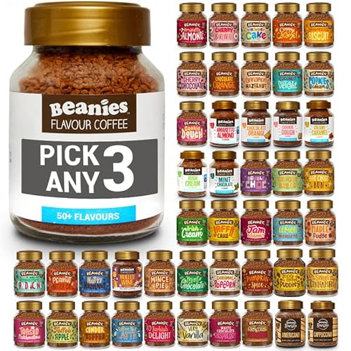 Beanies Flavoured Instant Coffee PICK ANY 3 Jars (50g) from 50+ Flavours (Blends, Barista, Decaf) Inc. Turkish Delight, Chocolate Orange, Chai Latte, Cookie Dough, Hazelnut, Caramel, Vanilla and More!