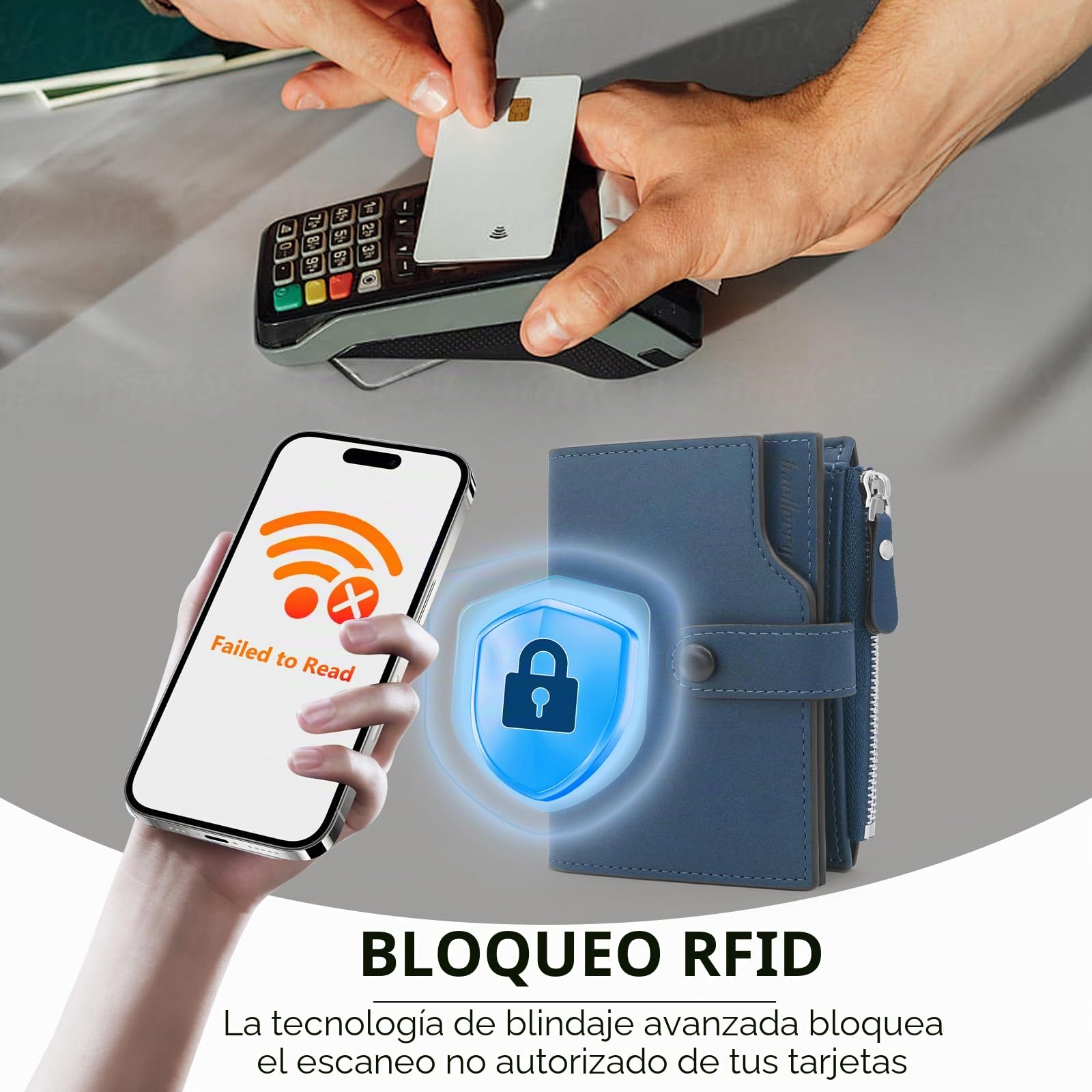 HNOOM Cartera para Hombre con Bloqueo RFID Billeteras con 17 Ranuras Monedero con Cremallera | Regalo Ideal para Hombres | Protección Antirrobo | Cartera Pequeña y Funcional (Azul)