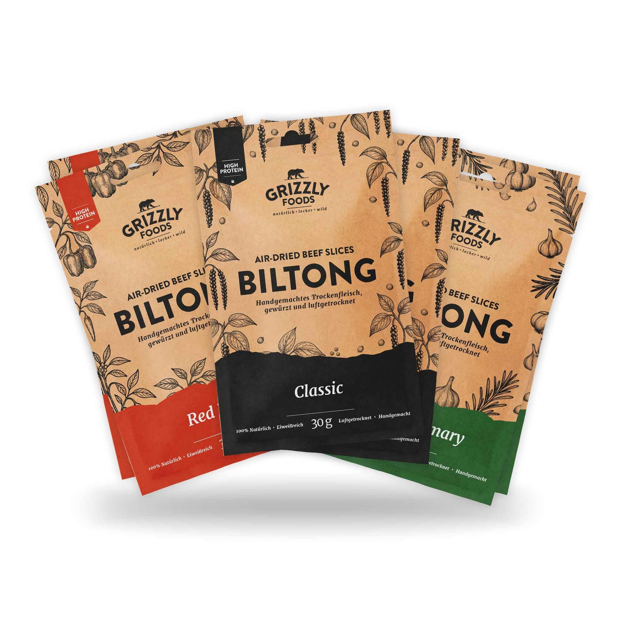 Grizzly Foods • Biltong 3 Sorten Probierset (6 x 30g) • Luftgetrocknetes Rindfleisch • Drei Sorten Trockenfleisch • Ohne Zucker & Zusätze • Proteinreicher Snack • Ideal zum Probieren
