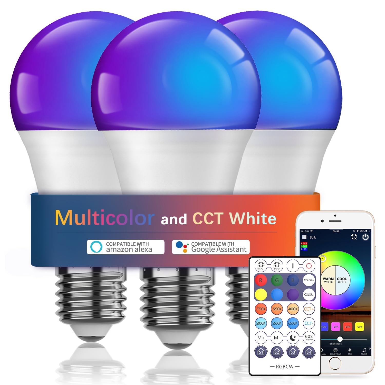 Vanance WiFi LED Light Bulbs, RGBCW Multicolor Changing Smart Lights, 10W 800 Lumens , A19 E27, Compatible with Alexa, Google Assistant and Siri, No Hub Required, Dimmable with APP&Remote 3 Pack