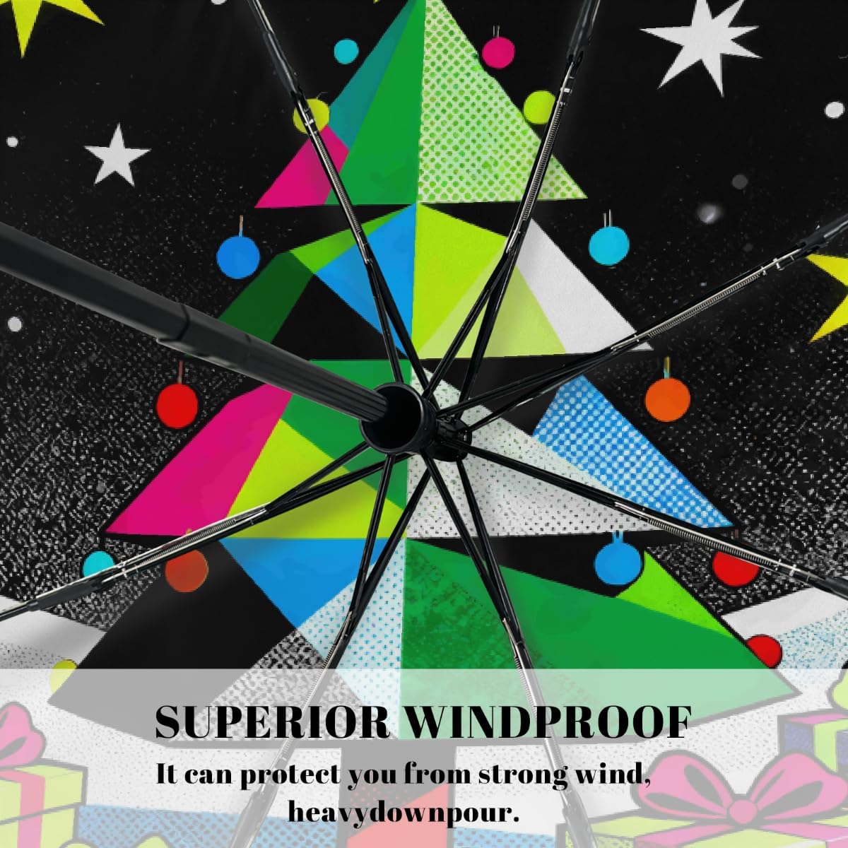 Pop Art Christmas Tree Folding Umbrella Windproof Compact Lightweight Travel Umbrella with 8 Reinforced Ribs, Portable UV Sun & Rain Protection for Men & Women