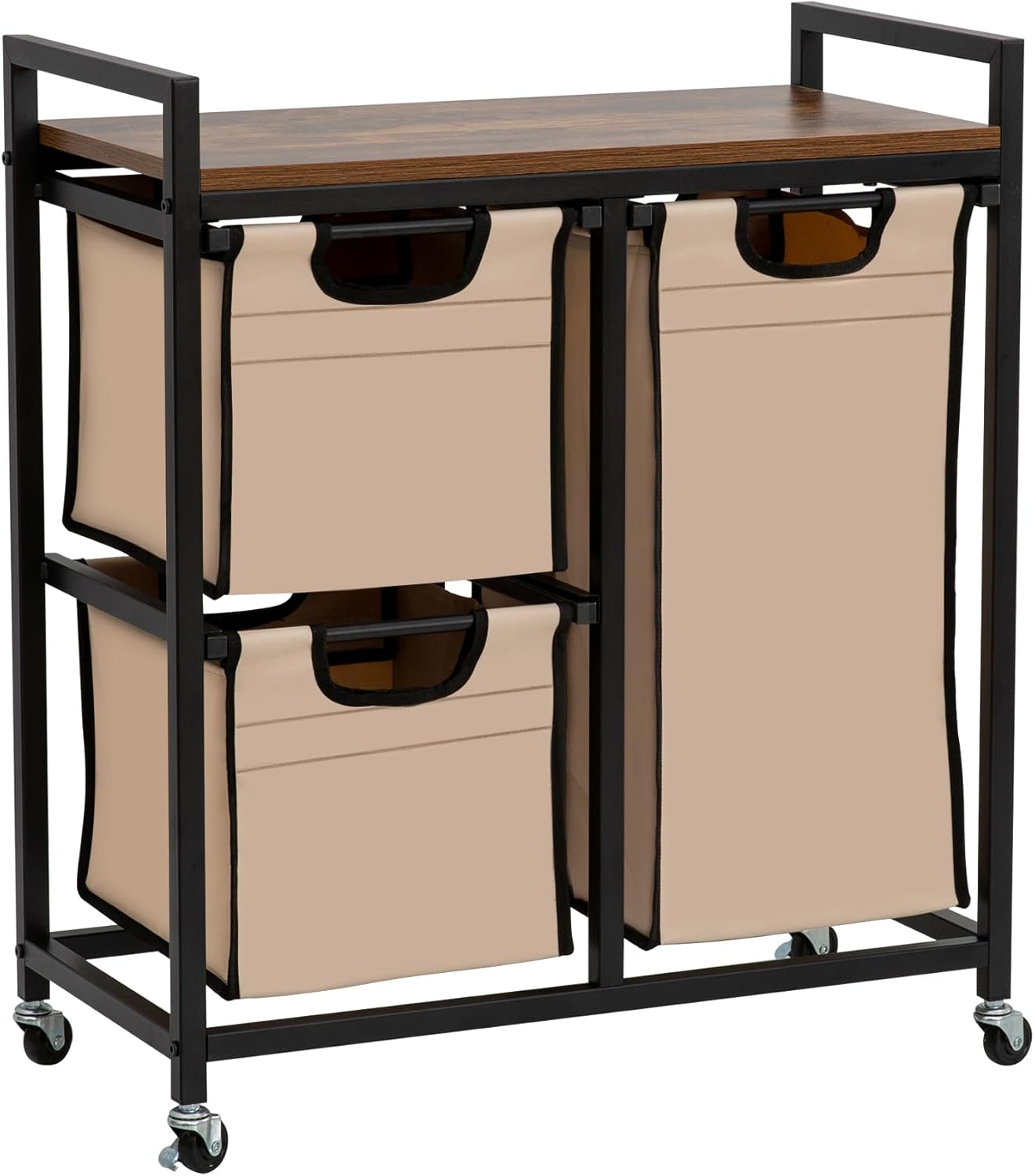 Laundry Basket Organizer - Hampers with 3 Compartments, Sliding Laundry Sorter Bags, Top Storage Shelf, Metal Frame Rustic