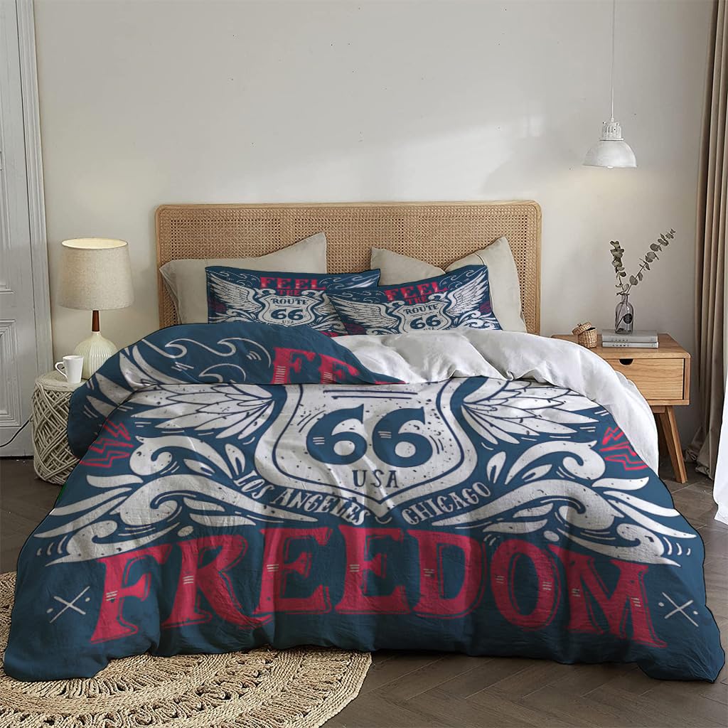 NIBAINLO 布団カバー自由を感じさせるルート66ヴィンテージネイビーレッドホワイト 肌に優しい ピーチスキン加工 掛け布団カバー 和式 洋式 あったか 布団カバーセット リバーシブル ホームステイ ホテル 家庭兼用