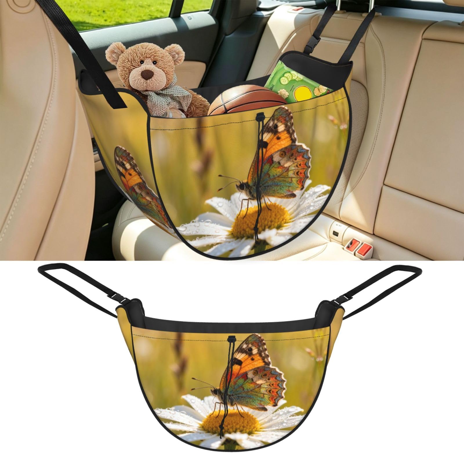 Cntdbu Black Chrysanthemums And Butterflies Car Seat Organizer-Backseat Storage Bag For Travel