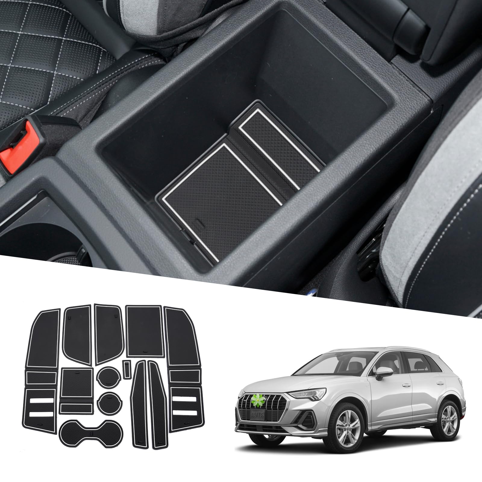 Door Slot Mats for Audi Q3 Accessories 12PCS/Sets Anti-Slip Interior Mats Cup Holder Inserts Center Console Liner Mats Compatible with 2019 2020 2021