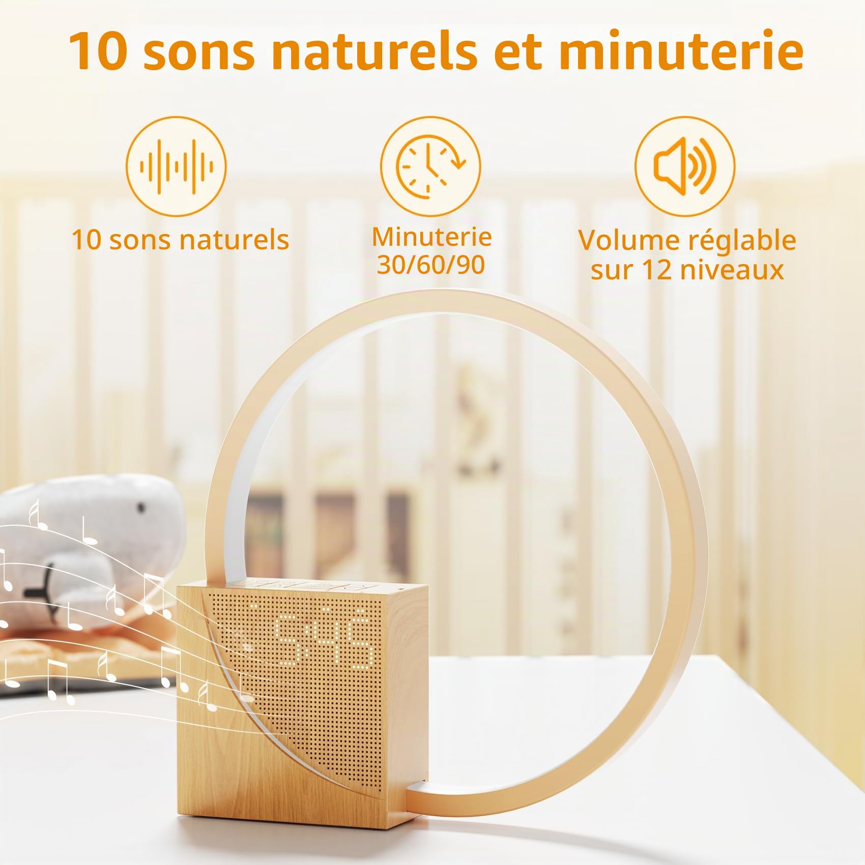 Lampe de Chevet LED avec Réveil, Ports USB, Dimmable 3 Modes, 10 Sons Naturels pour Chambre Bureau