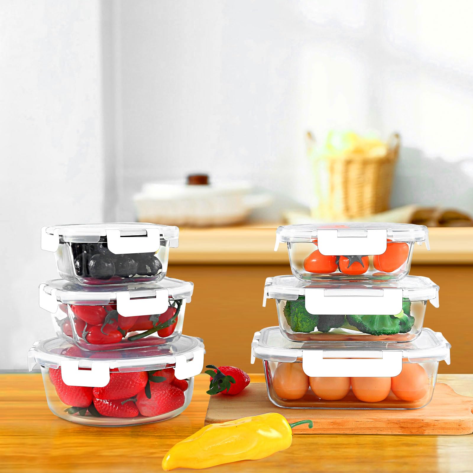 Juego de 30 recipientes de vidrio para almacenamiento de alimentos, juego de recipientes de vidrio para preparación de comidas con tapas de cierre a presión, recipientes de vidrio herméticos 6