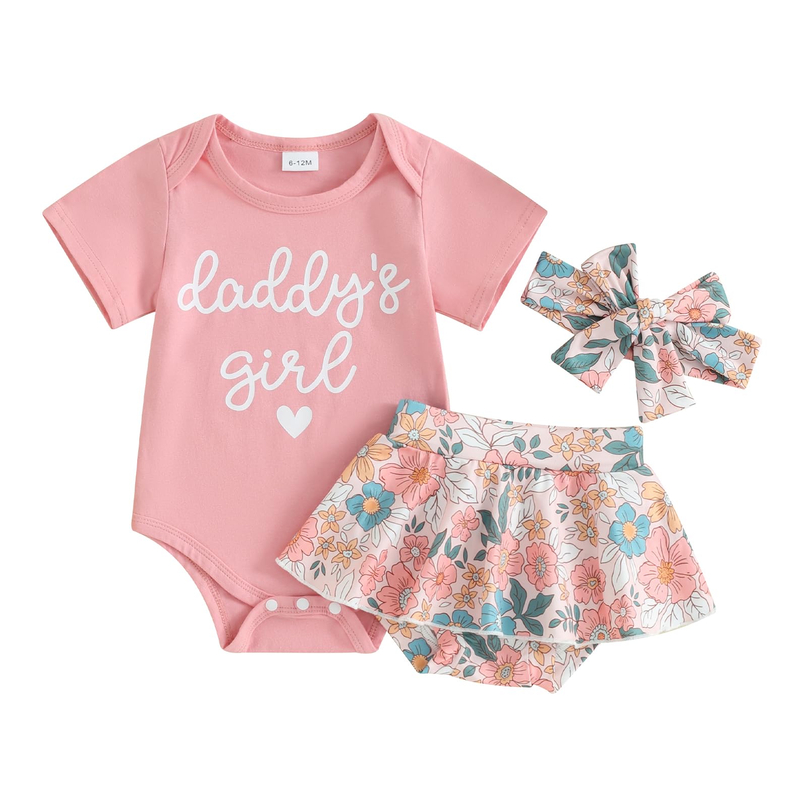 Newborn Baby Girl Summer Clothes Short Sleeve Letter Romper Floral Ruffle Skirt Shorts Headband 3Pcs Outfit (Pink, 3-6 Months)